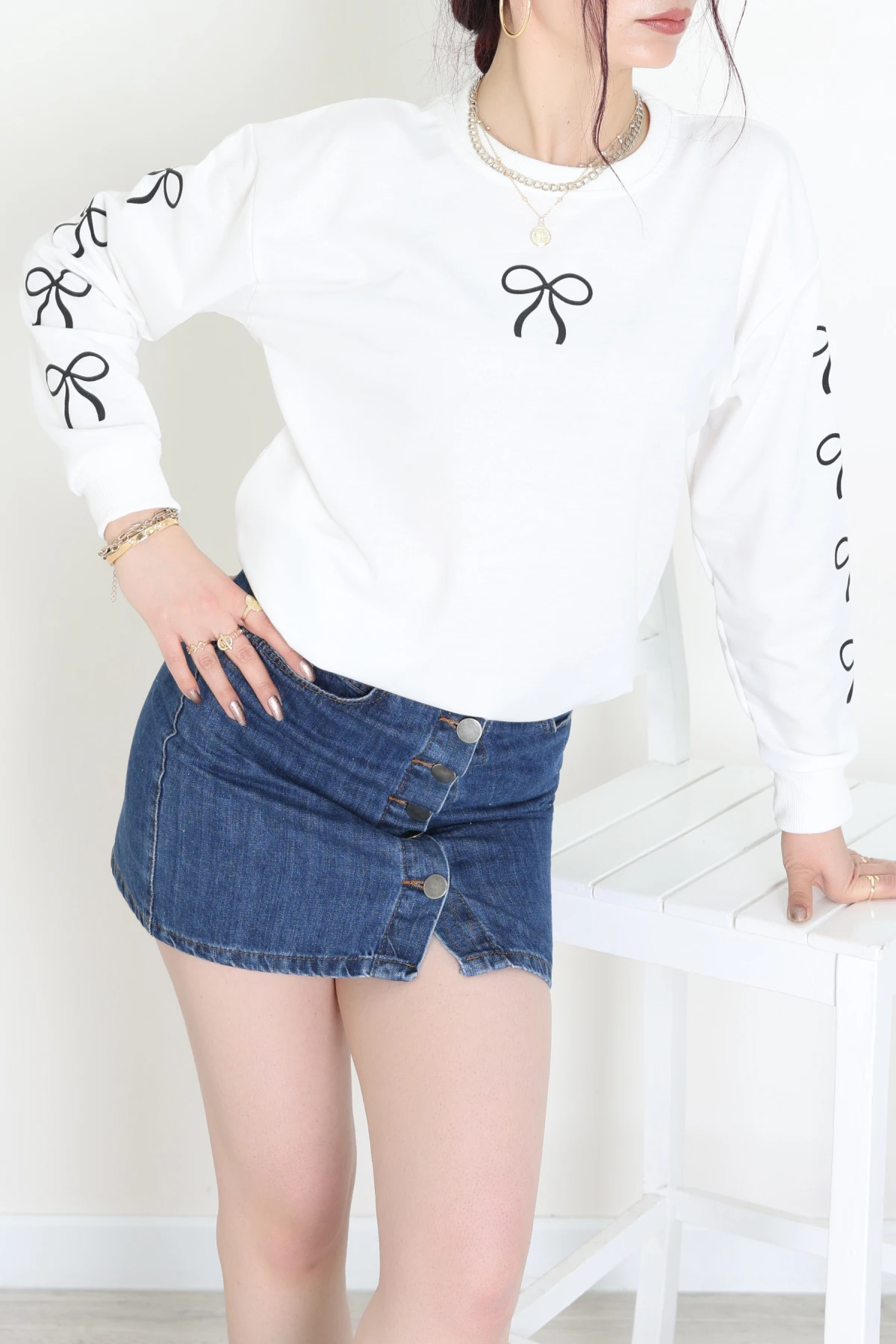 2 İplik Bisiklet Yaka Sweat Ekrusiyah - 42720.1878.