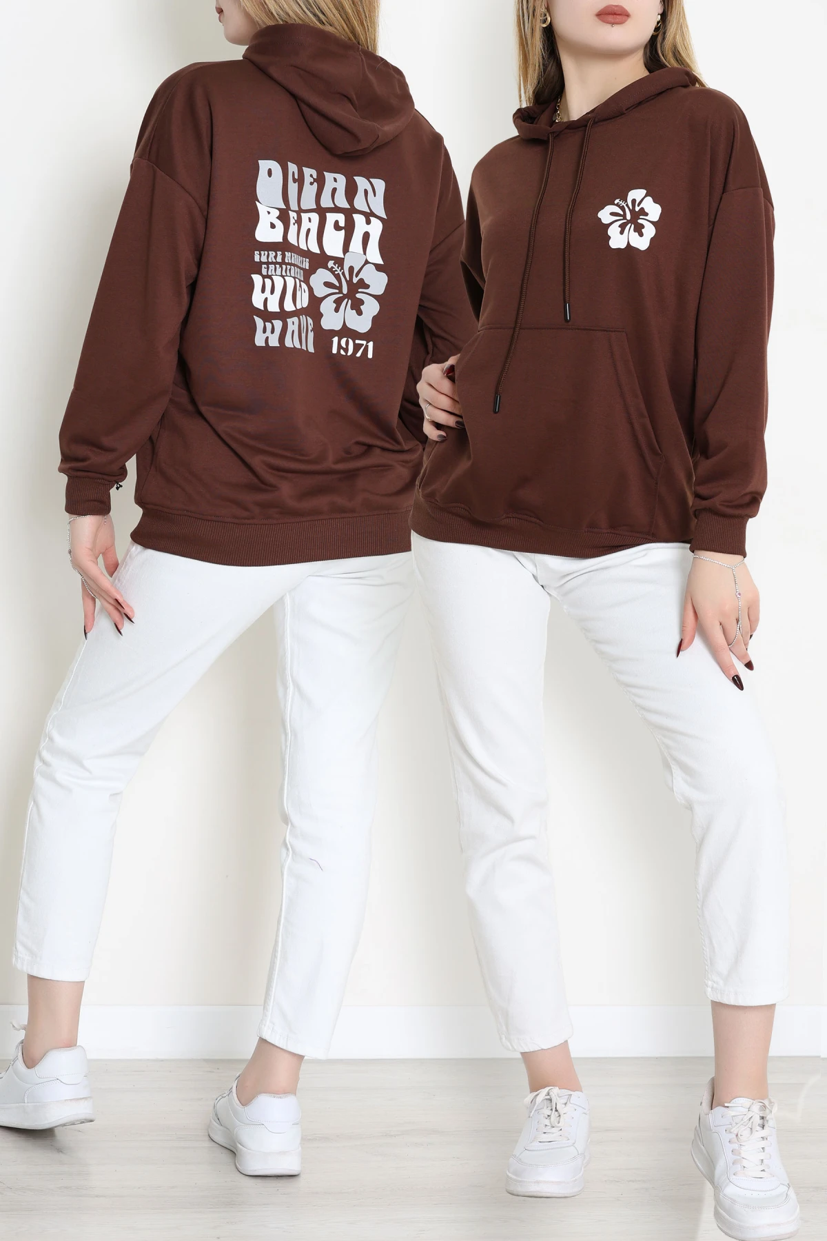 2 İplik Kanguru Cepli Kapşonlu Sweat Kahveekru - 42721.1878.