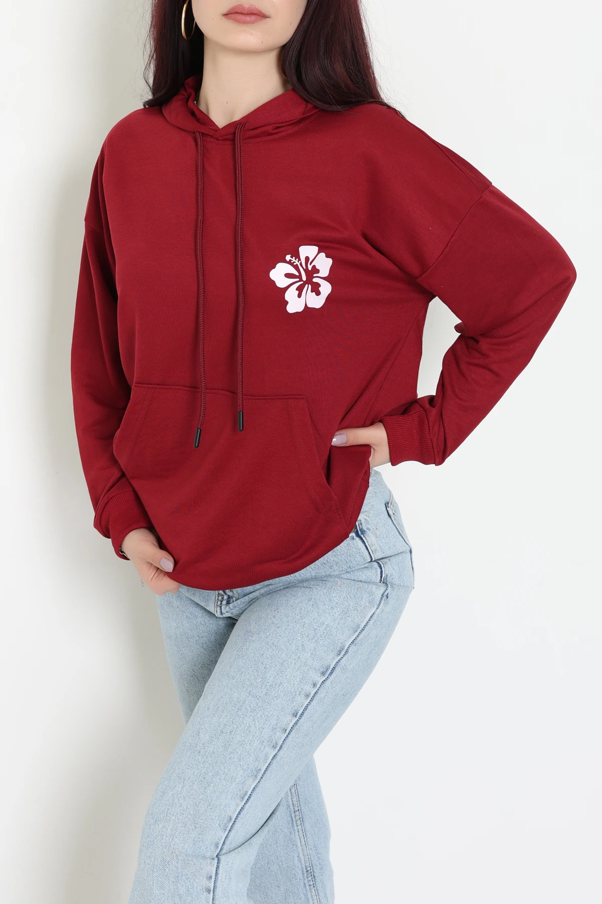 2 İplik Kanguru Cepli Kapşonlu Sweat Bordo - 42721.1878.