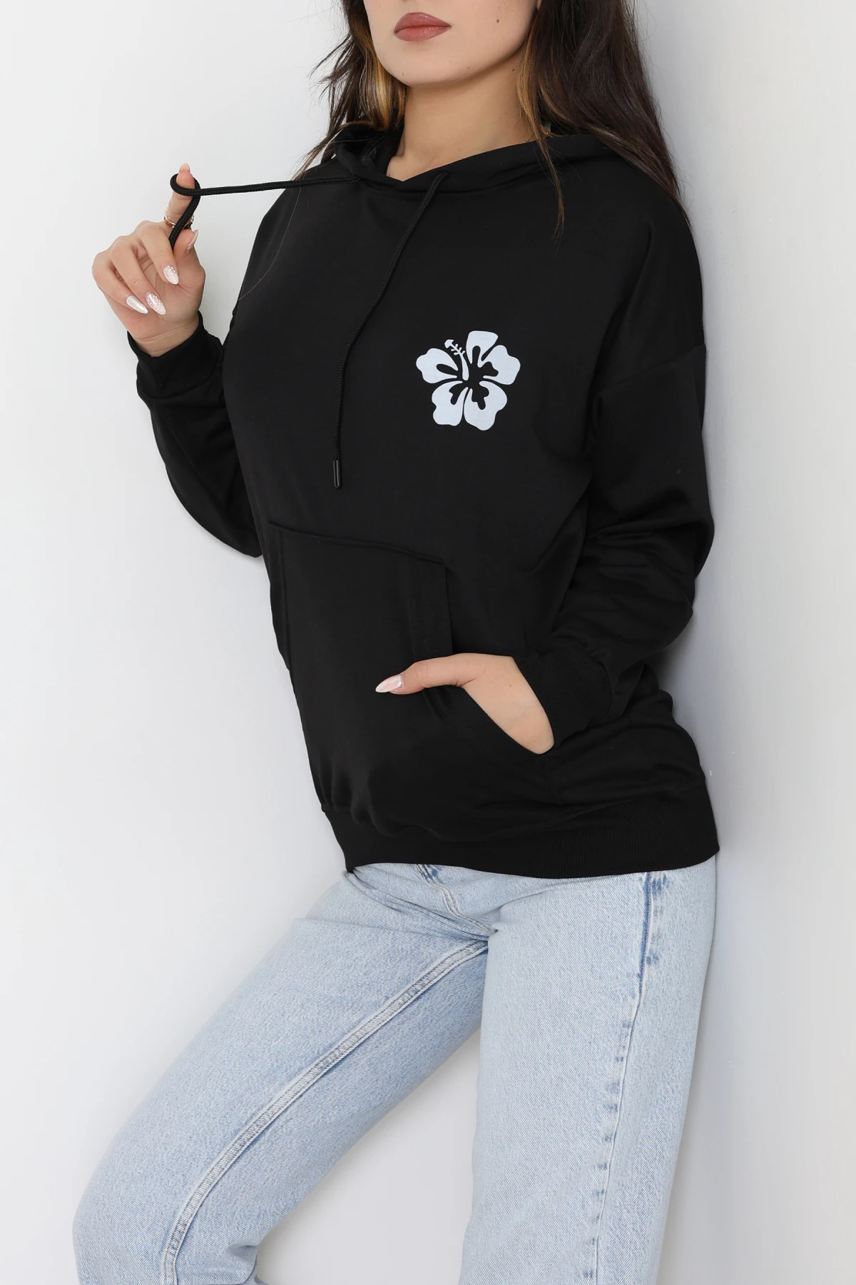 2 İplik Kanguru Cepli Kapşonlu Sweat Siyahekru - 42721.1878.