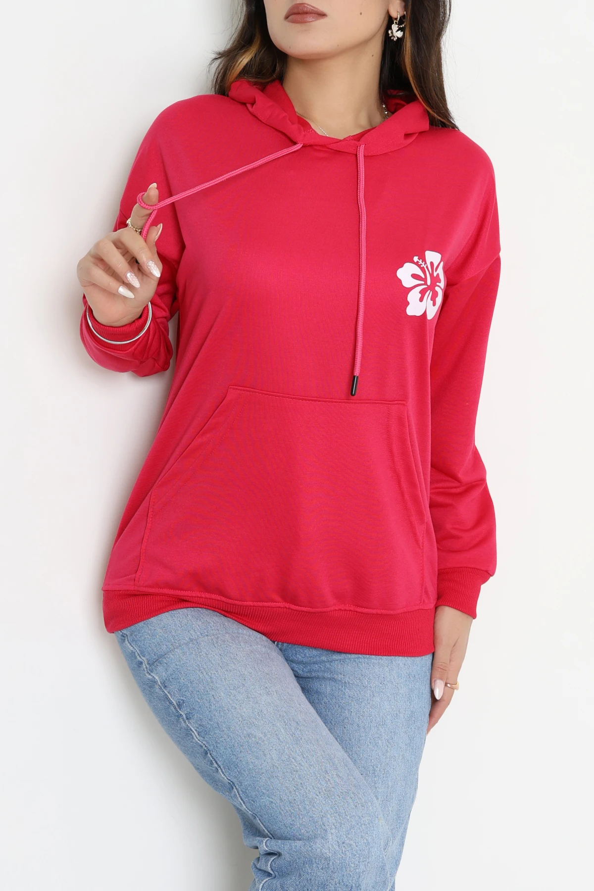 2 İplik Kanguru Cepli Kapşonlu Sweat Fuşyaekru - 42721.1878.