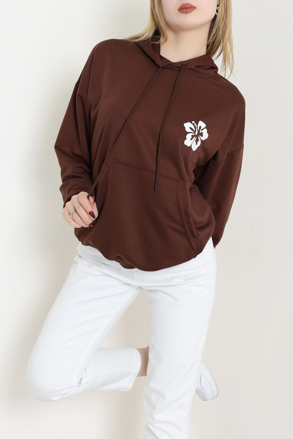 2 İplik Kanguru Cepli Kapşonlu Sweat Kahveekru - 42721.1878.