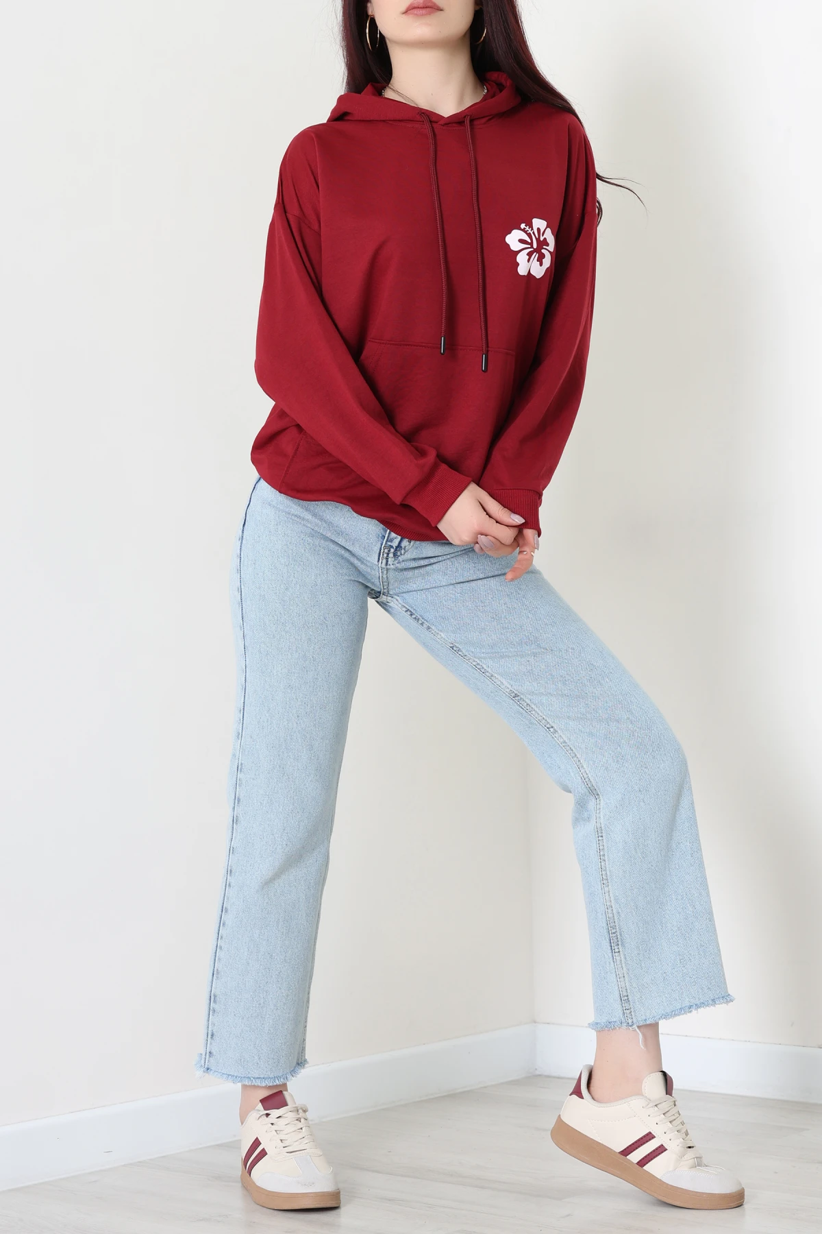 2 İplik Kanguru Cepli Kapşonlu Sweat Bordo - 42721.1878.