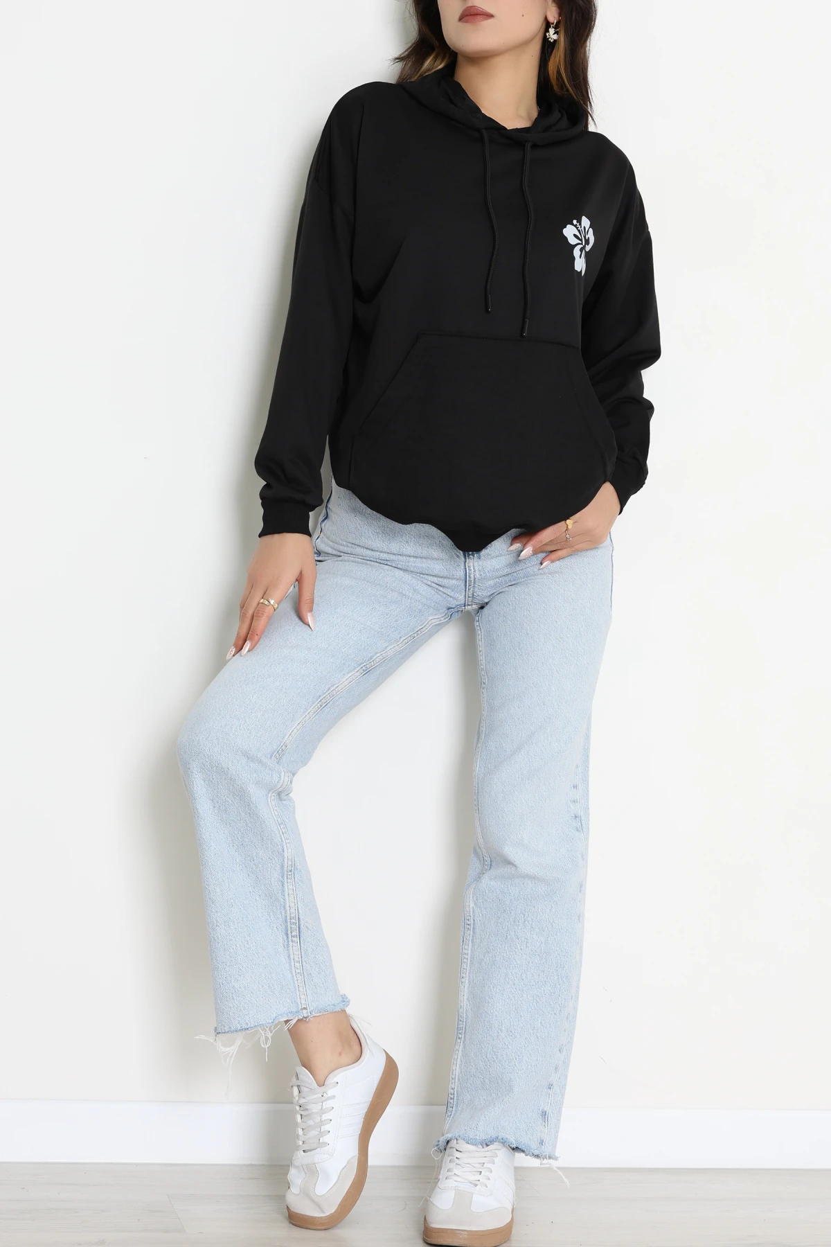 2 İplik Kanguru Cepli Kapşonlu Sweat Siyahekru - 42721.1878.