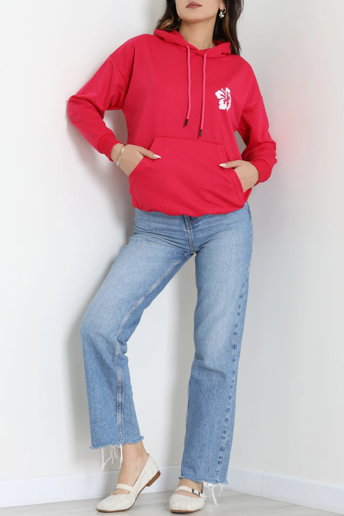 2 İplik Kanguru Cepli Kapşonlu Sweat Fuşyaekru - 42721.1878.