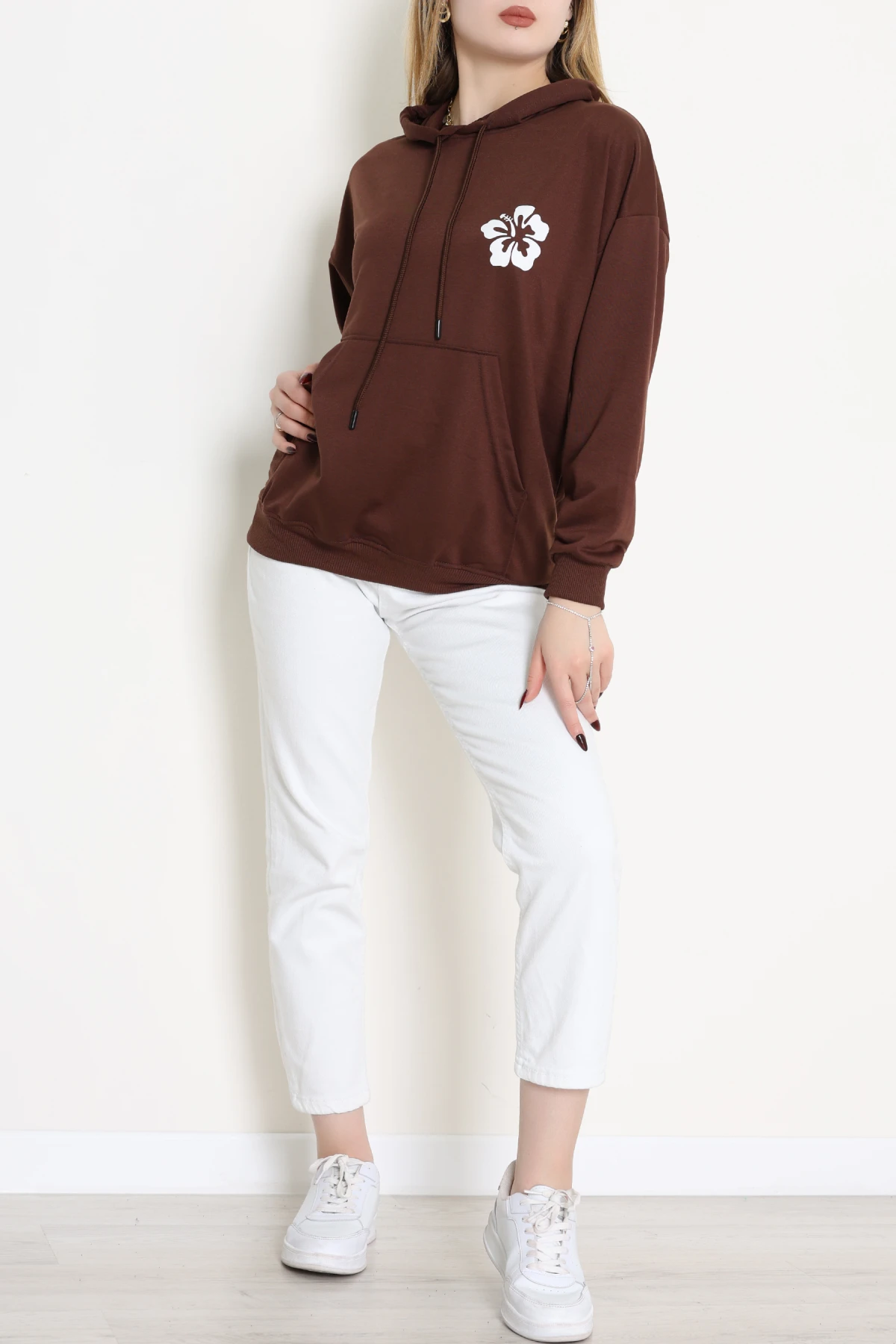 2 İplik Kanguru Cepli Kapşonlu Sweat Kahveekru - 42721.1878.