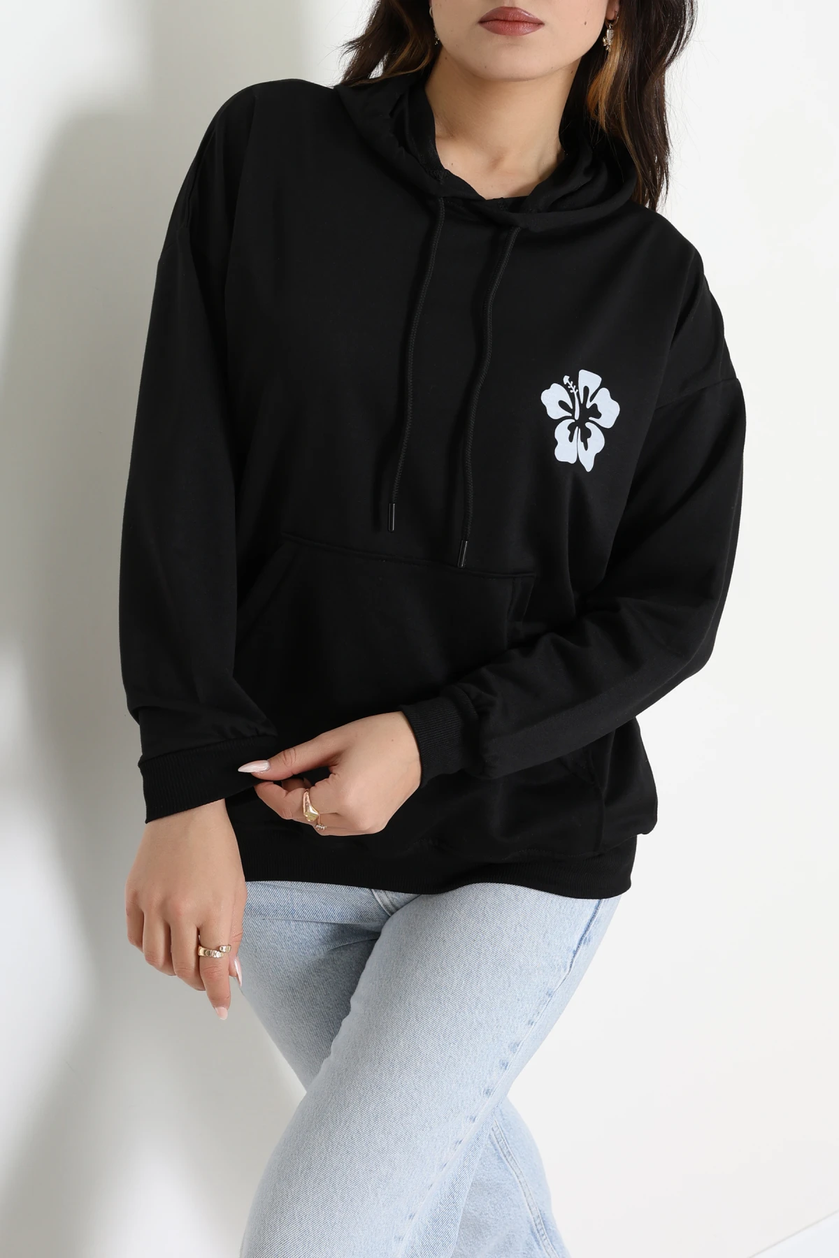 2 İplik Kanguru Cepli Kapşonlu Sweat Siyahekru - 42721.1878.