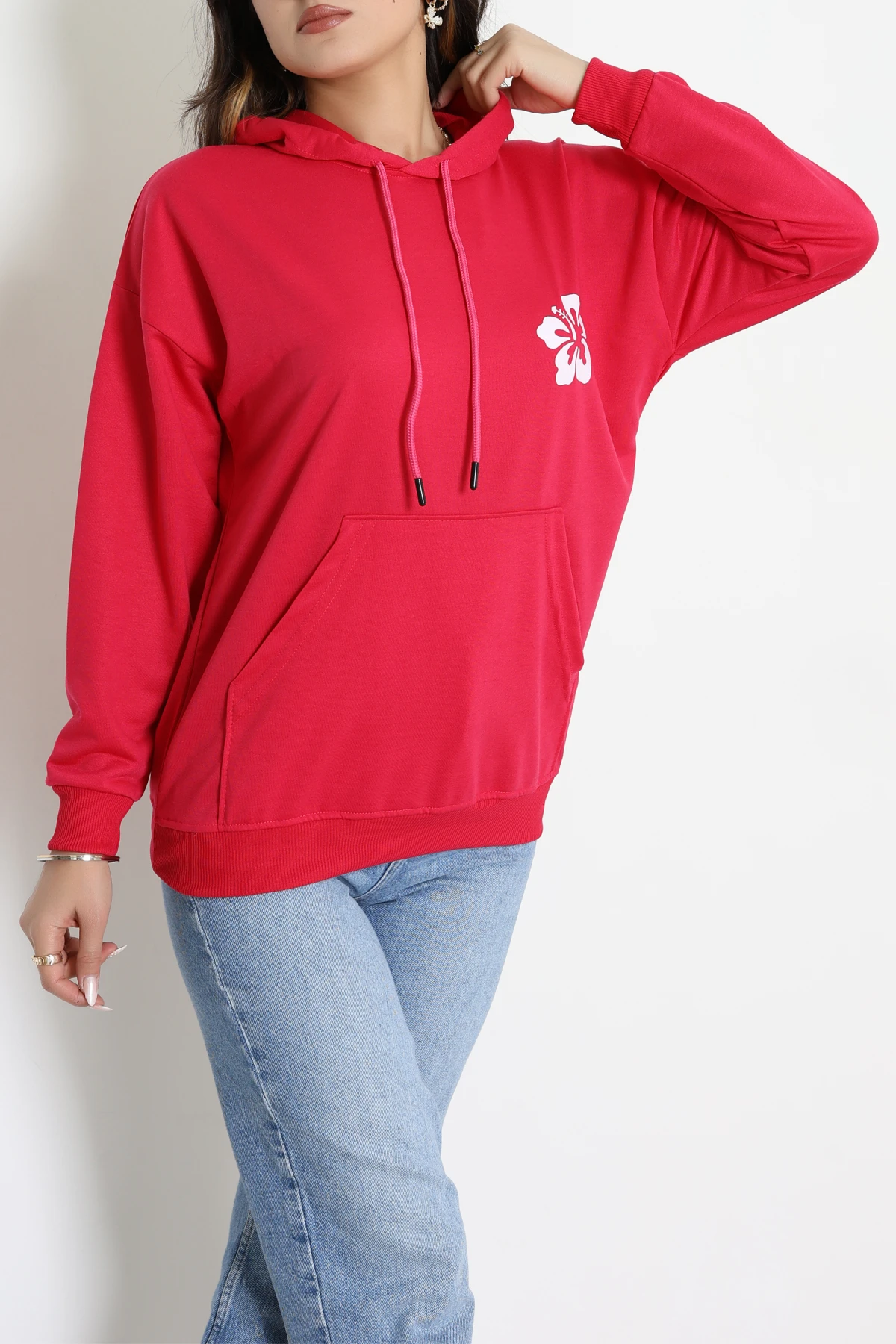 2 İplik Kanguru Cepli Kapşonlu Sweat Fuşyaekru - 42721.1878.