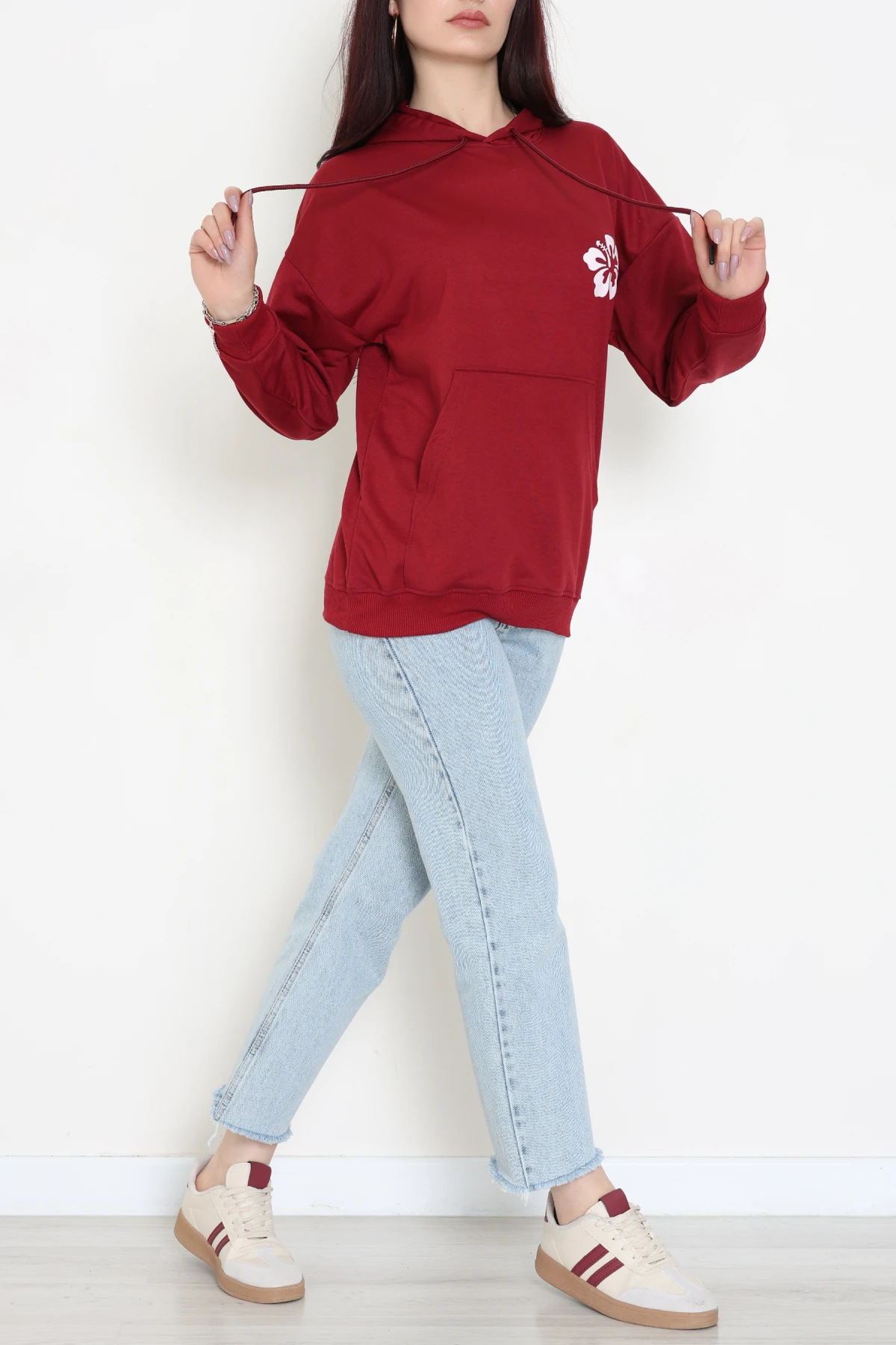 2 İplik Kanguru Cepli Kapşonlu Sweat Bordo - 42721.1878.