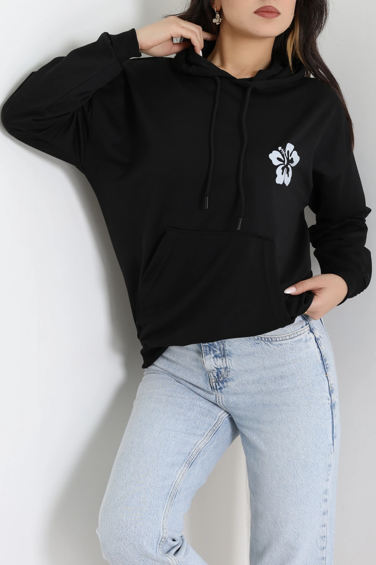 2 İplik Kanguru Cepli Kapşonlu Sweat Siyahekru - 42721.1878.