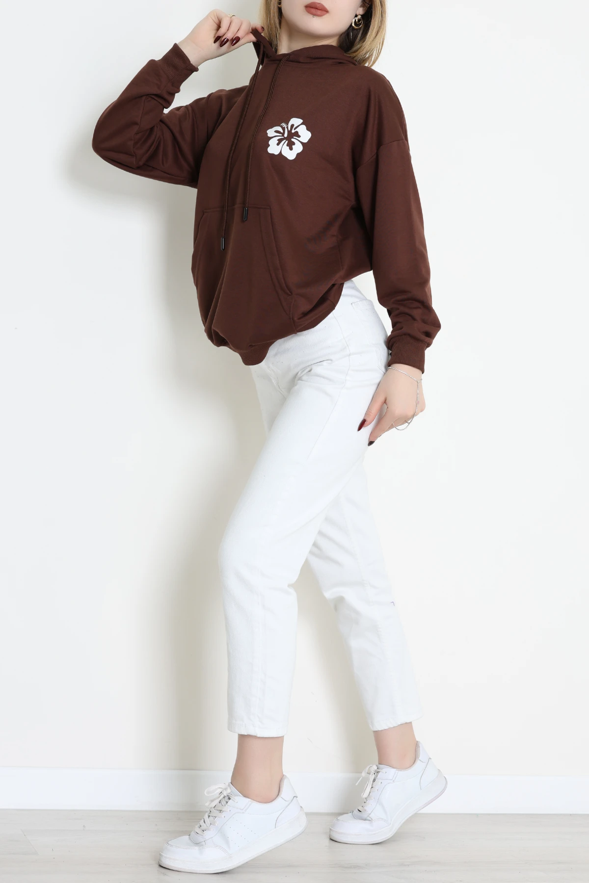 2 İplik Kanguru Cepli Kapşonlu Sweat Kahveekru - 42721.1878.