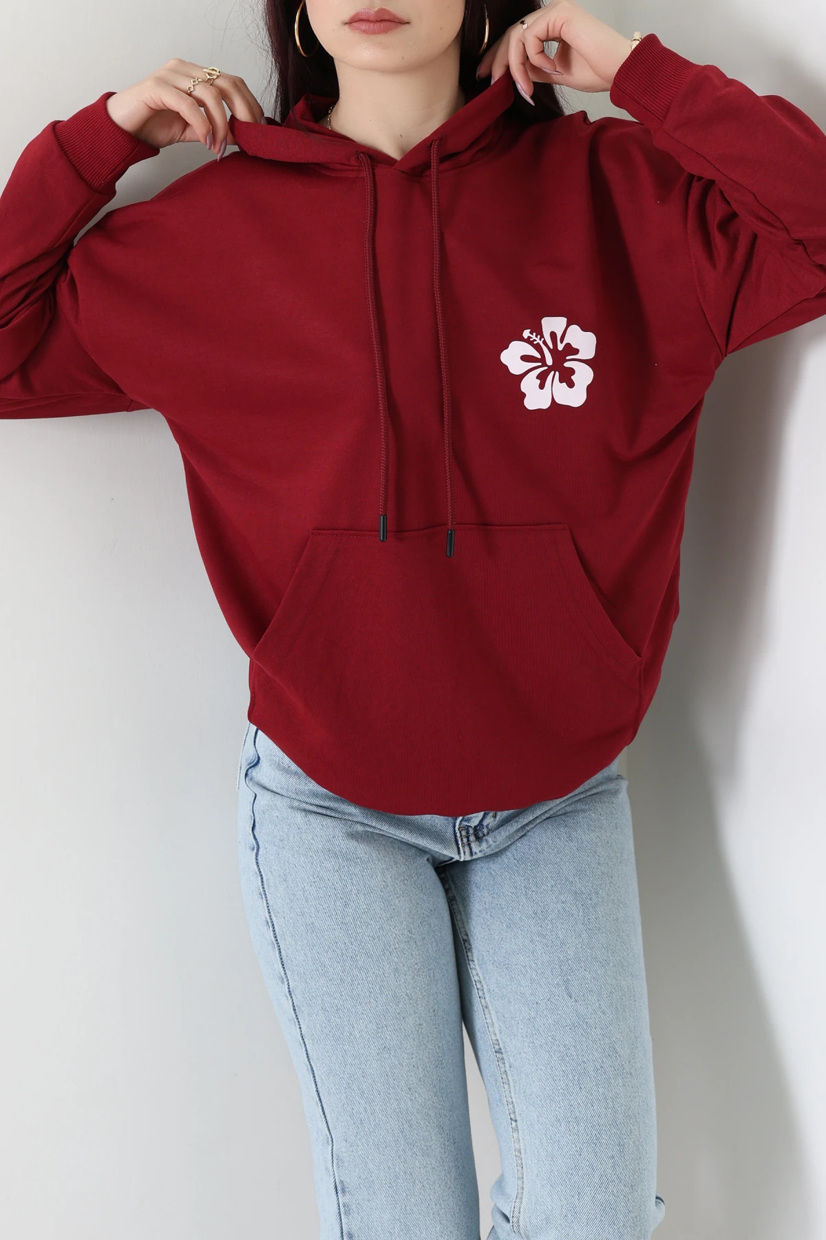 2 İplik Kanguru Cepli Kapşonlu Sweat Bordo - 42721.1878.