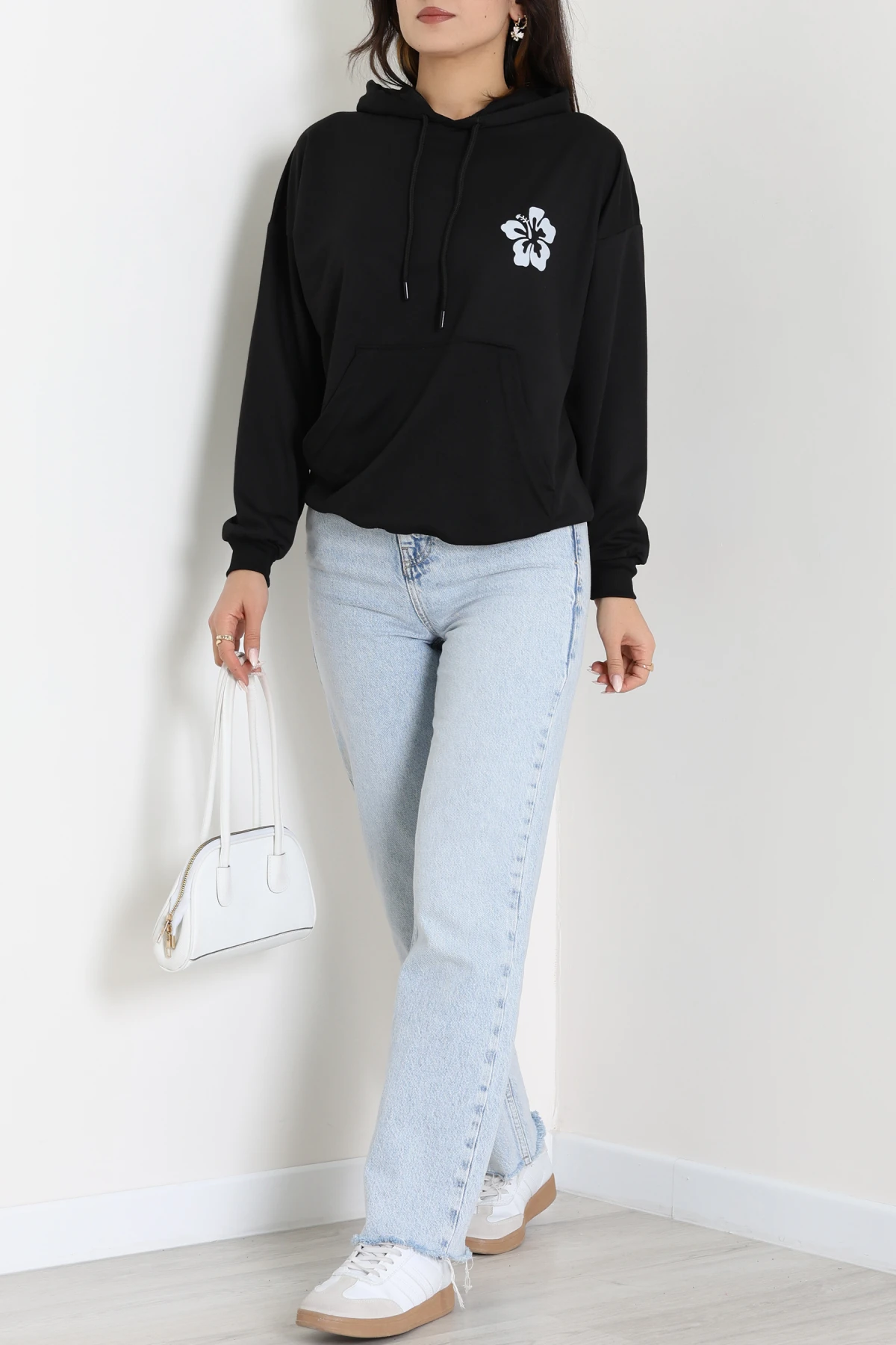 2 İplik Kanguru Cepli Kapşonlu Sweat Siyahekru - 42721.1878.