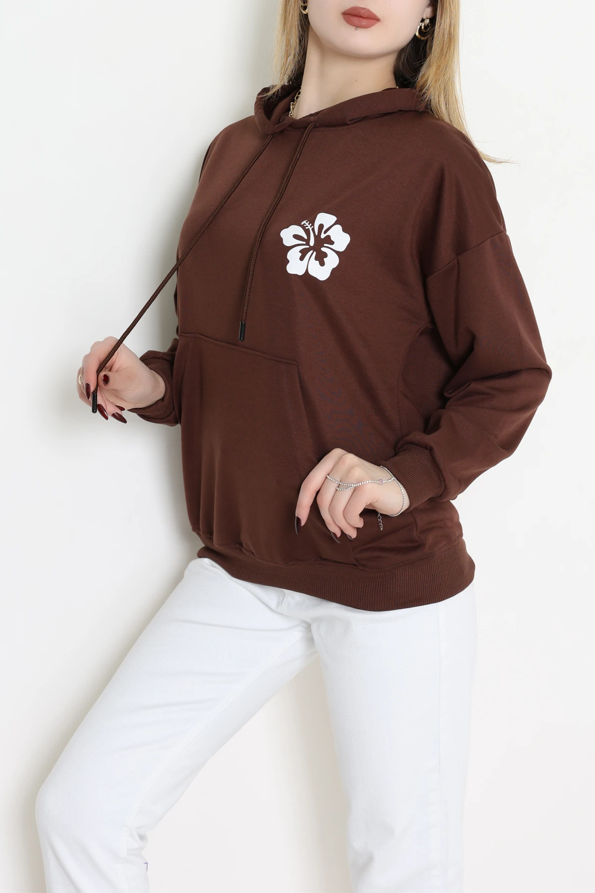 2 İplik Kanguru Cepli Kapşonlu Sweat Kahveekru - 42721.1878.