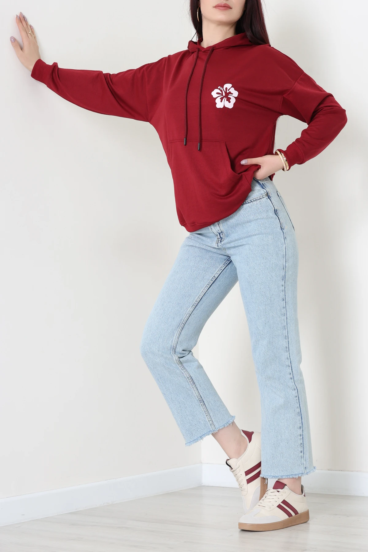 2 İplik Kanguru Cepli Kapşonlu Sweat Bordo - 42721.1878.