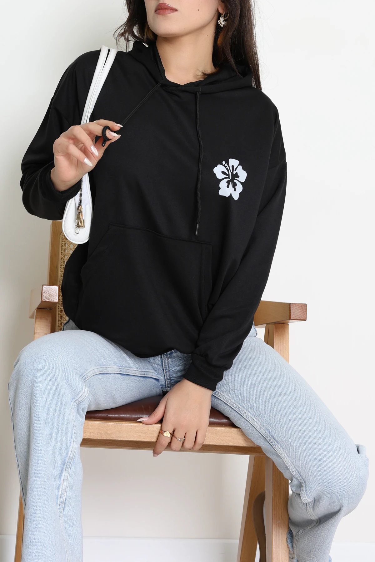 2 İplik Kanguru Cepli Kapşonlu Sweat Siyahekru - 42721.1878.