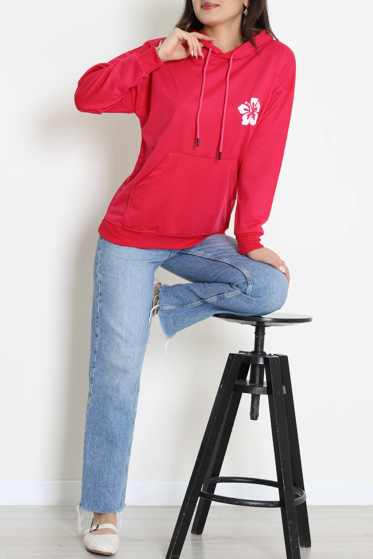 2 İplik Kanguru Cepli Kapşonlu Sweat Fuşyaekru - 42721.1878.