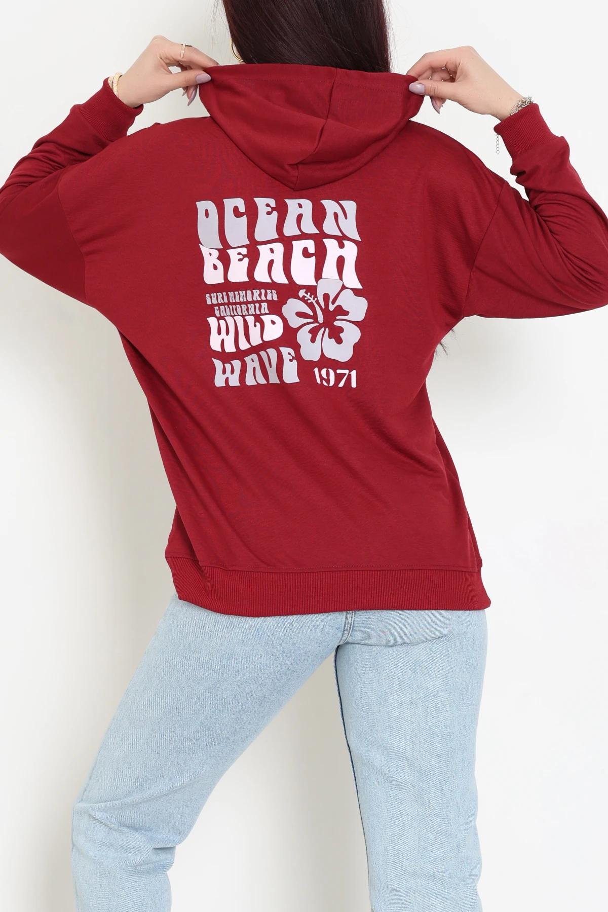 2 İplik Kanguru Cepli Kapşonlu Sweat Bordo - 42721.1878.