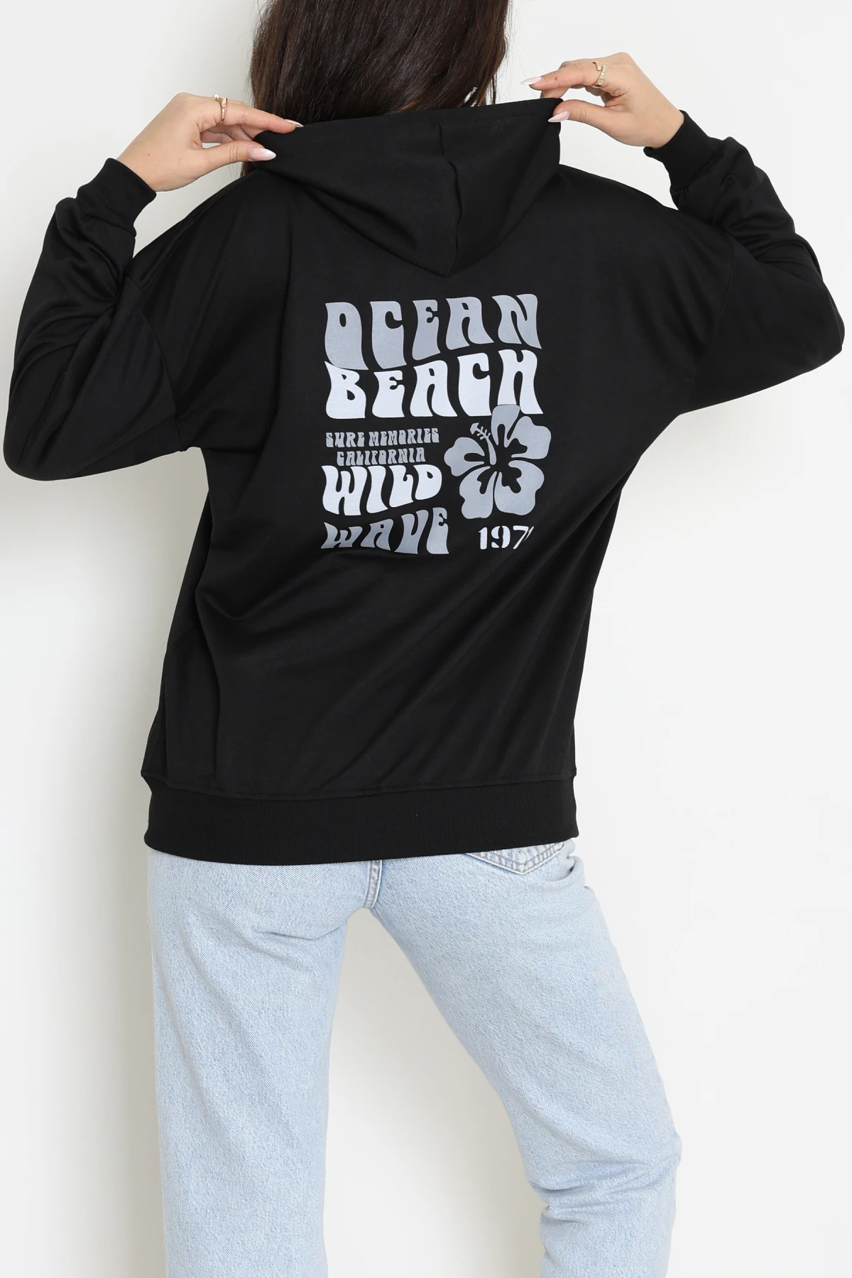 2 İplik Kanguru Cepli Kapşonlu Sweat Siyahekru - 42721.1878.