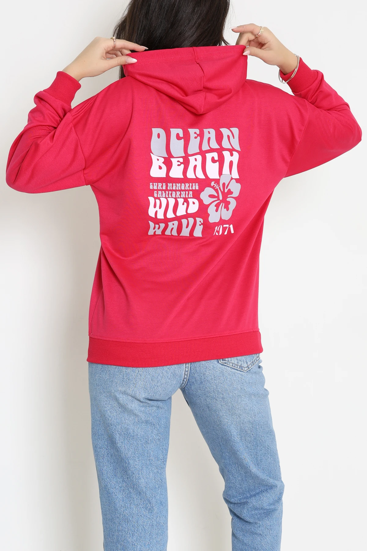 2 İplik Kanguru Cepli Kapşonlu Sweat Fuşyaekru - 42721.1878.