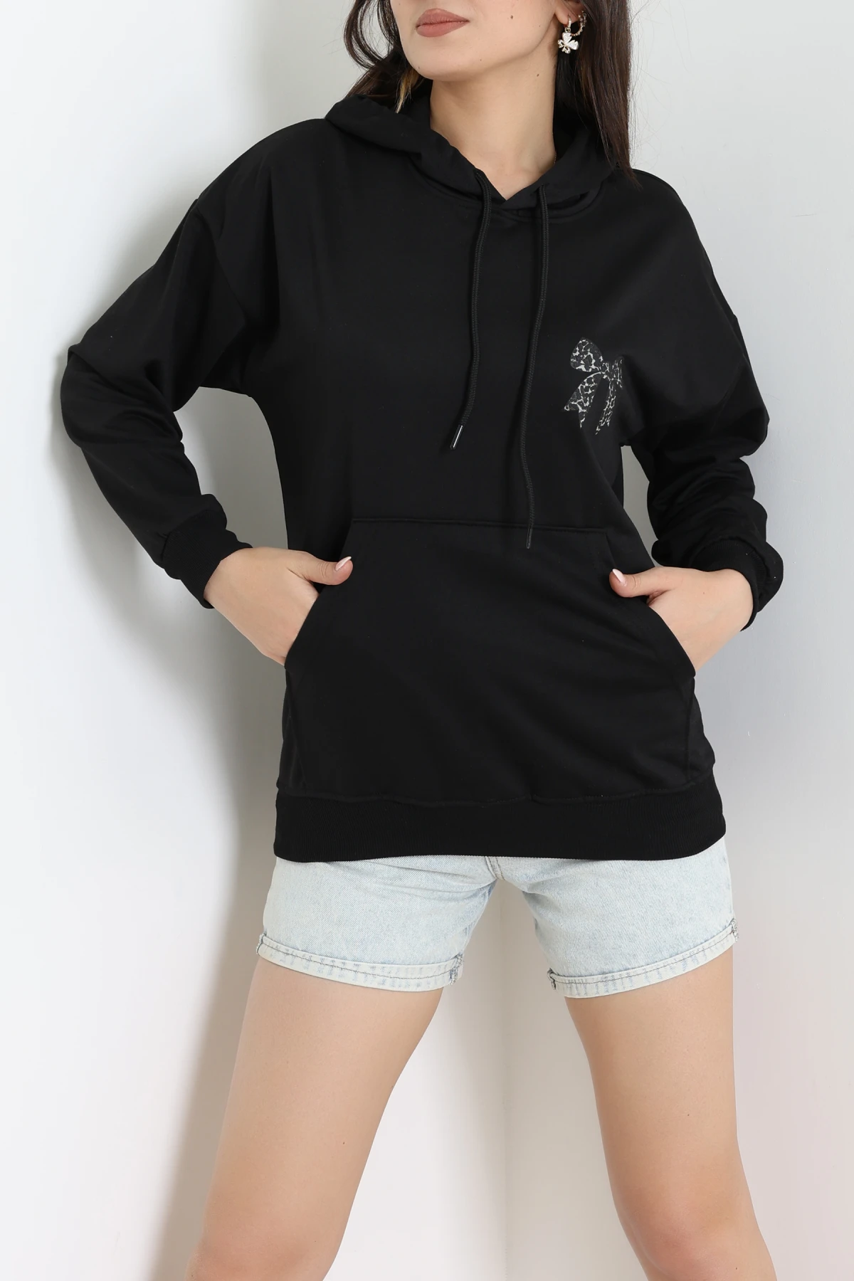 2 İplik Kanguru Cepli Kapşonlu Sweat Siyah - 42722.1878.