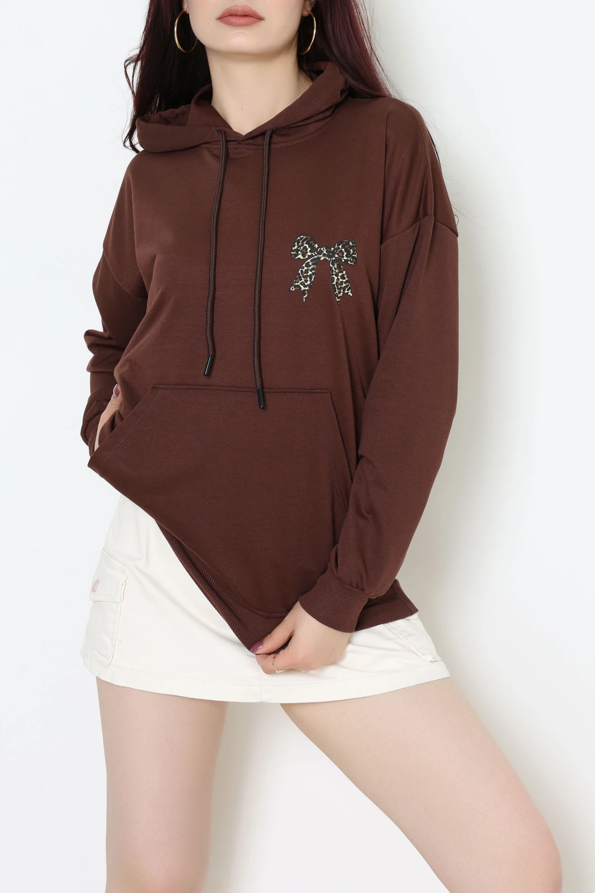 2 İplik Kanguru Cepli Kapşonlu Sweat Kahve - 42722.1878.