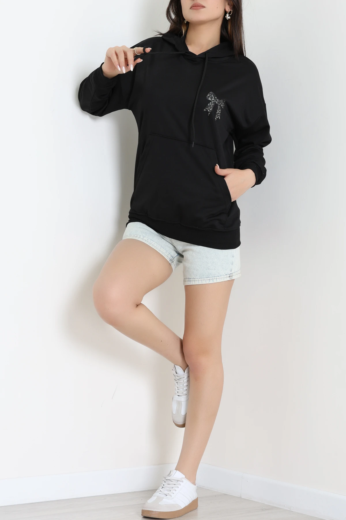 2 İplik Kanguru Cepli Kapşonlu Sweat Siyah - 42722.1878.