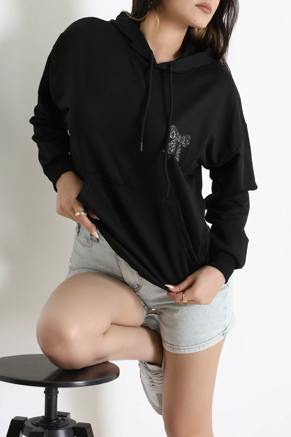 2 İplik Kanguru Cepli Kapşonlu Sweat Siyah - 42722.1878.