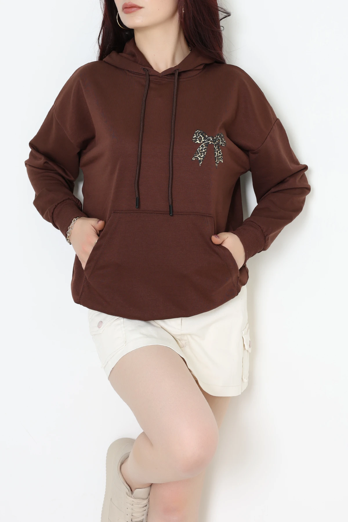 2 İplik Kanguru Cepli Kapşonlu Sweat Kahve - 42722.1878.