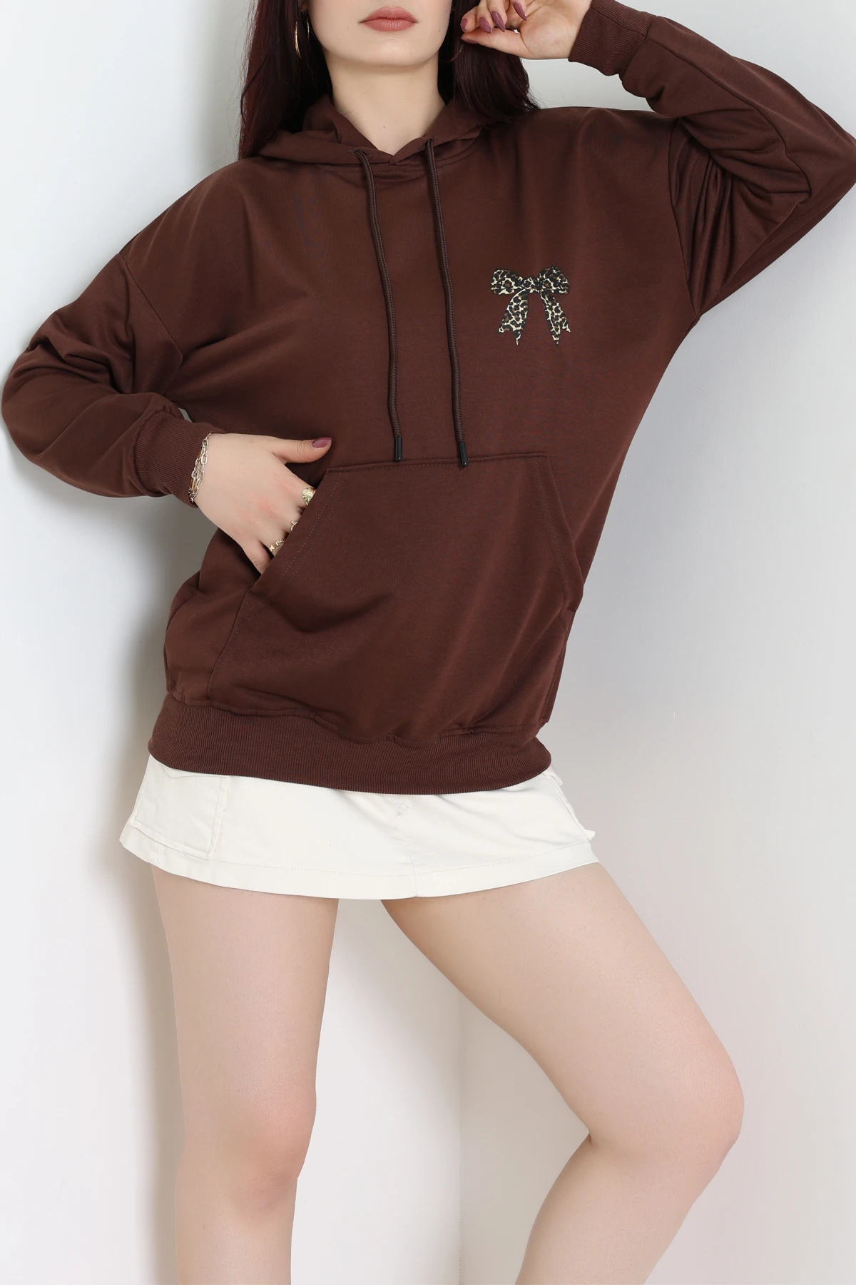 2 İplik Kanguru Cepli Kapşonlu Sweat Kahve - 42722.1878.