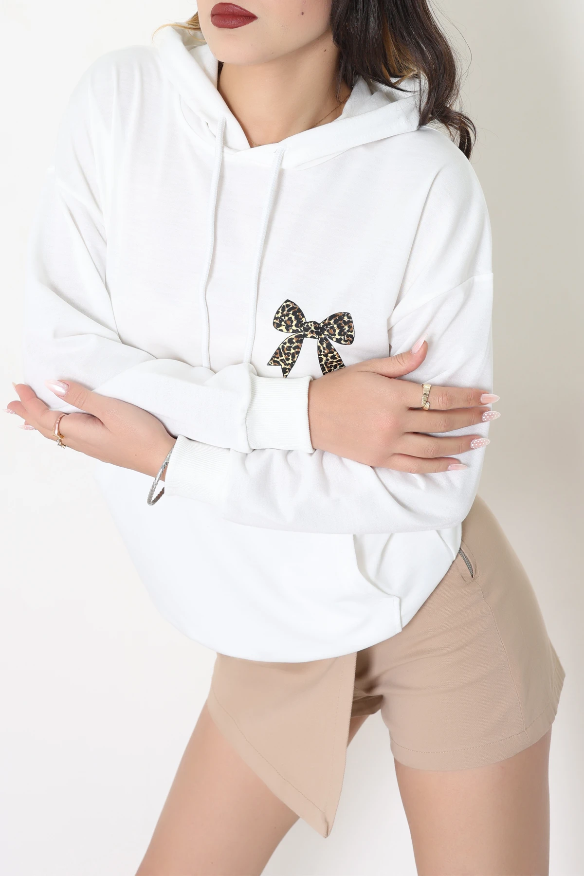 2 İplik Kanguru Cepli Kapşonlu Sweat Ekru - 42722.1878.