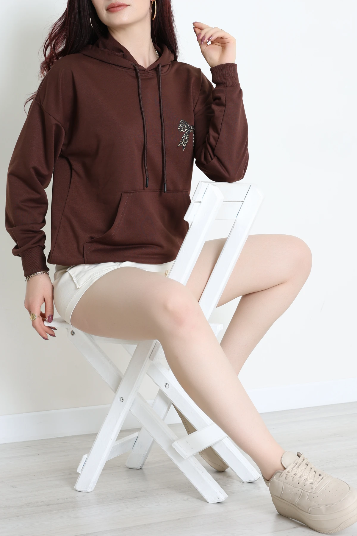 2 İplik Kanguru Cepli Kapşonlu Sweat Kahve - 42722.1878.