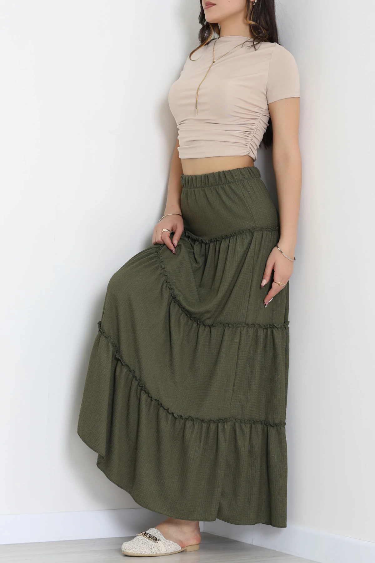 Bürümcük Fırfırlı Uzun Etek Haki - 43947.599.