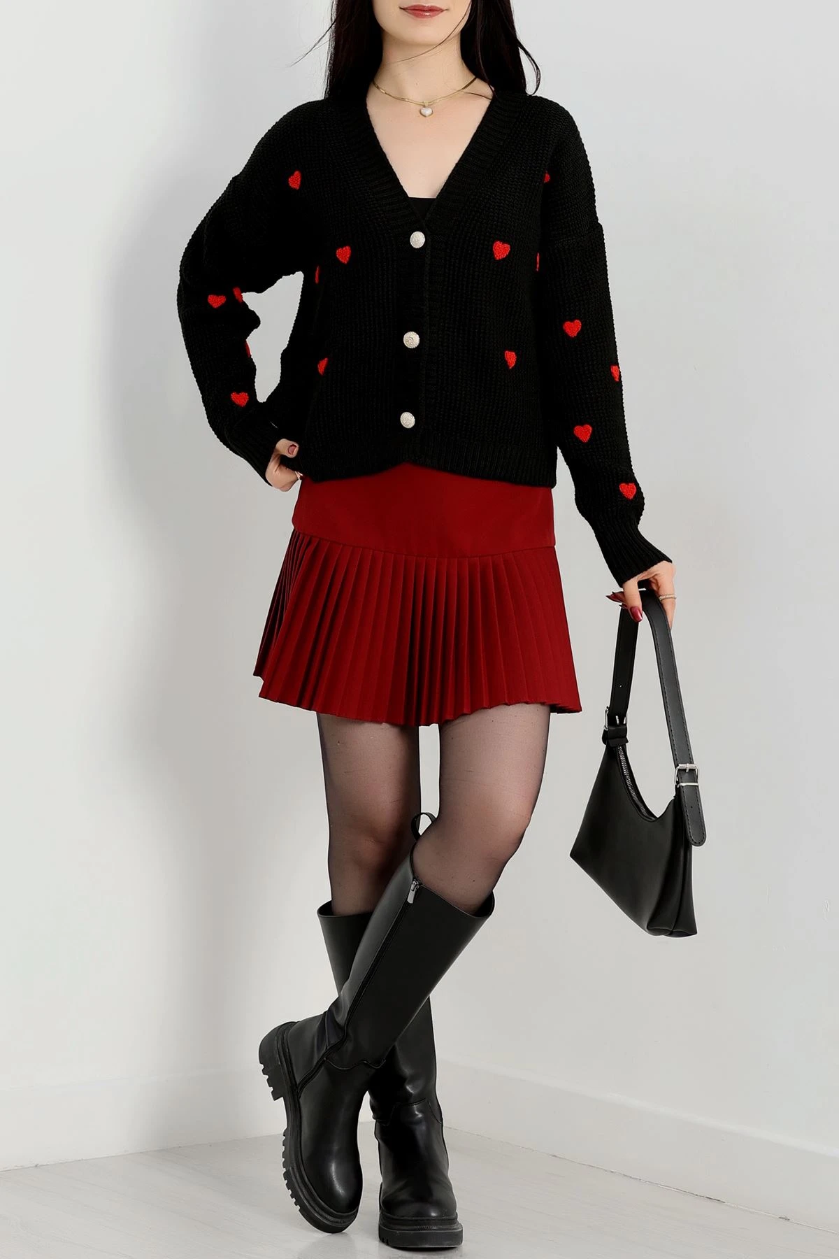 Nakışlı Crop Hırka Siyahkırmızı - 443.1577.