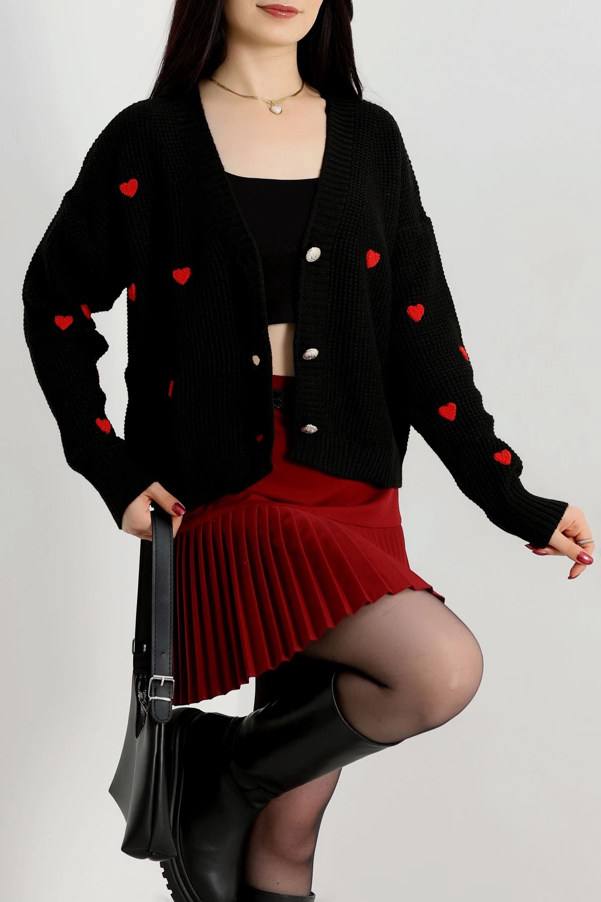 Nakışlı Crop Hırka Siyahkırmızı - 443.1577.