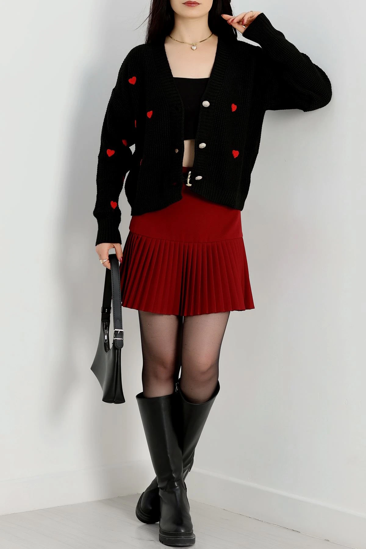 Nakışlı Crop Hırka Siyahkırmızı - 443.1577.