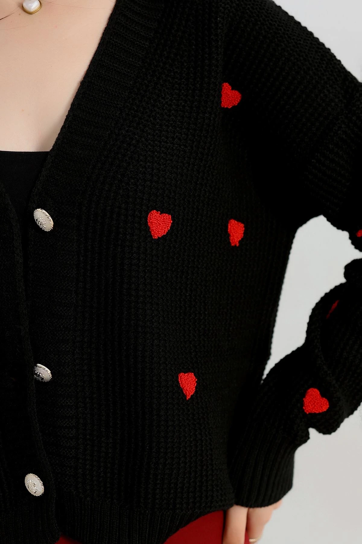 Nakışlı Crop Hırka Siyahkırmızı - 443.1577.