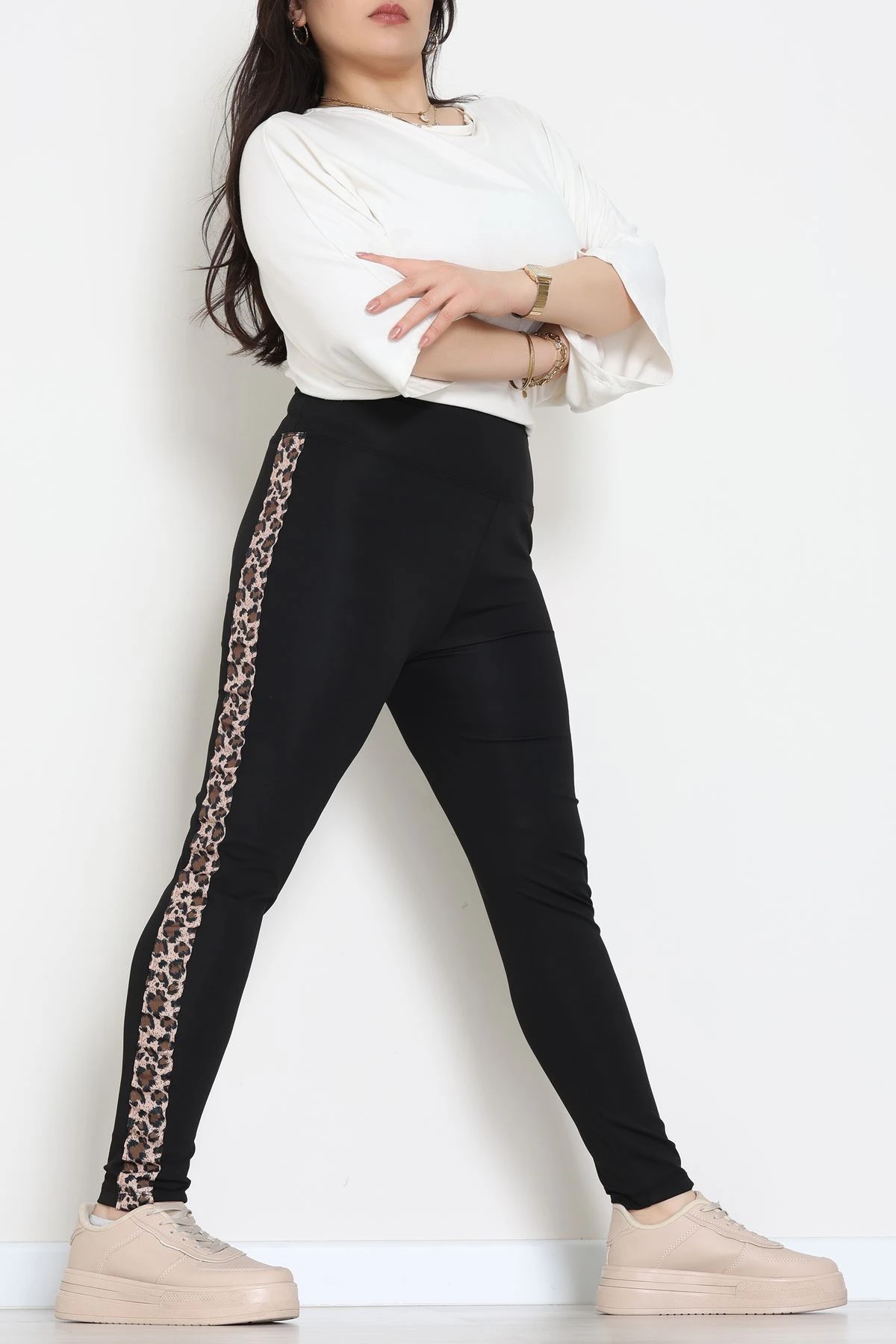 Büyük Beden Şeritli Dalgıç Tayt Siyahleo - 50068.1098.