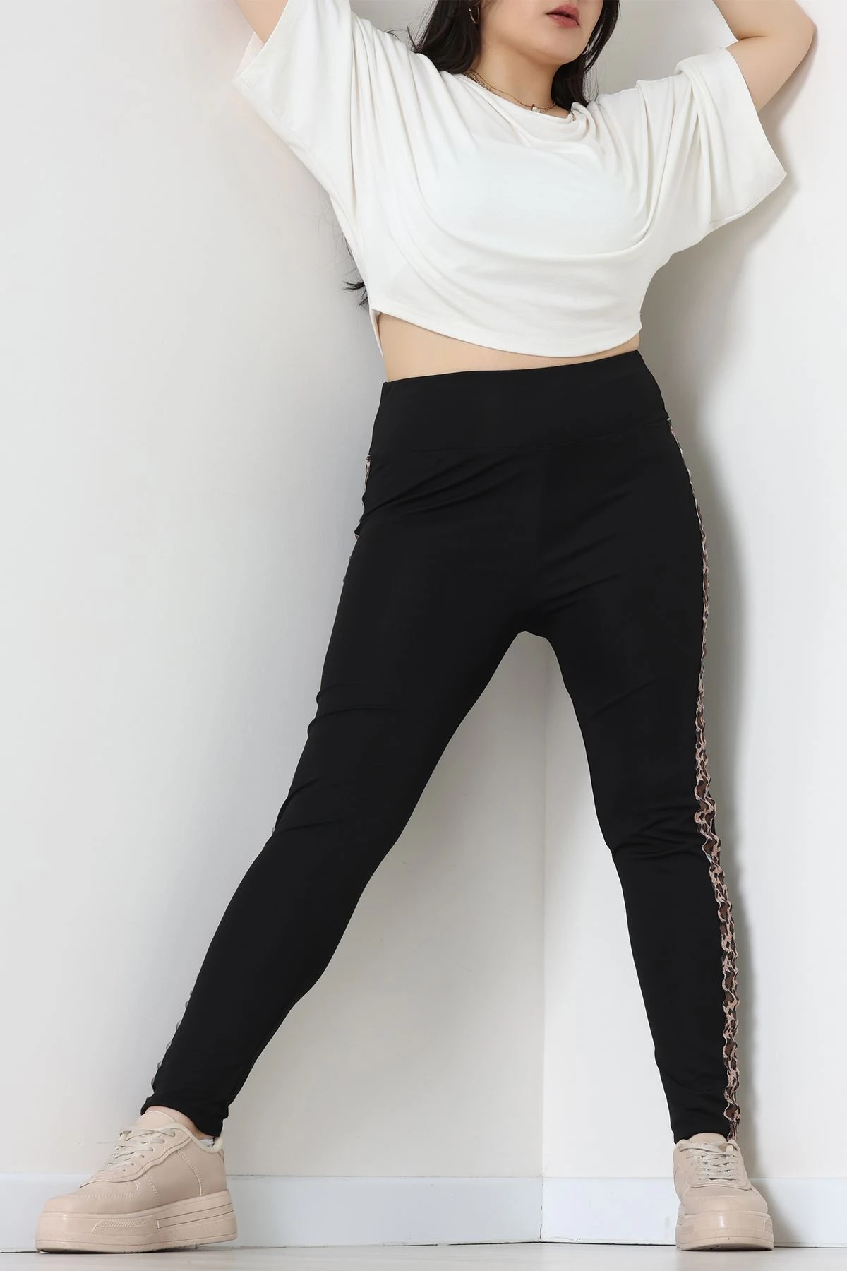 Büyük Beden Şeritli Dalgıç Tayt Siyahleo - 50068.1098.