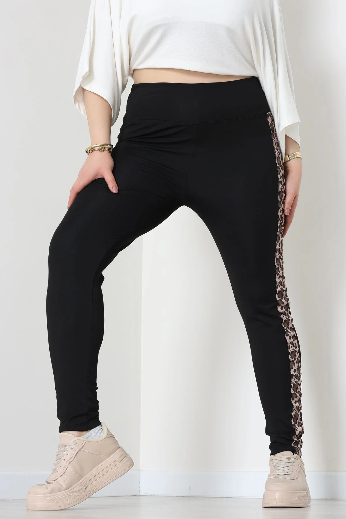 Büyük Beden Şeritli Dalgıç Tayt Siyahleo - 50068.1098.