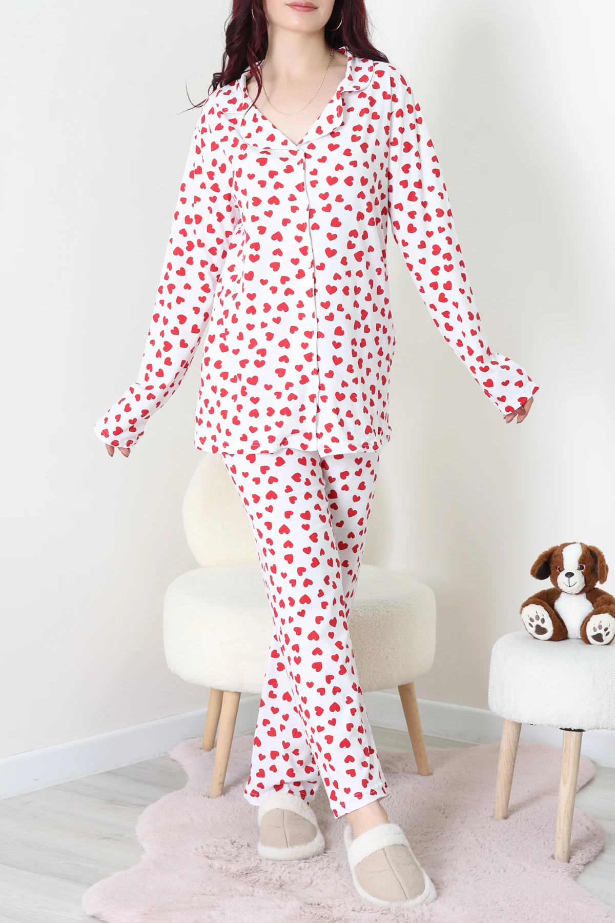 Baskılı Düğmeli Pijama Takım Beyazkalp - 50776.1773.