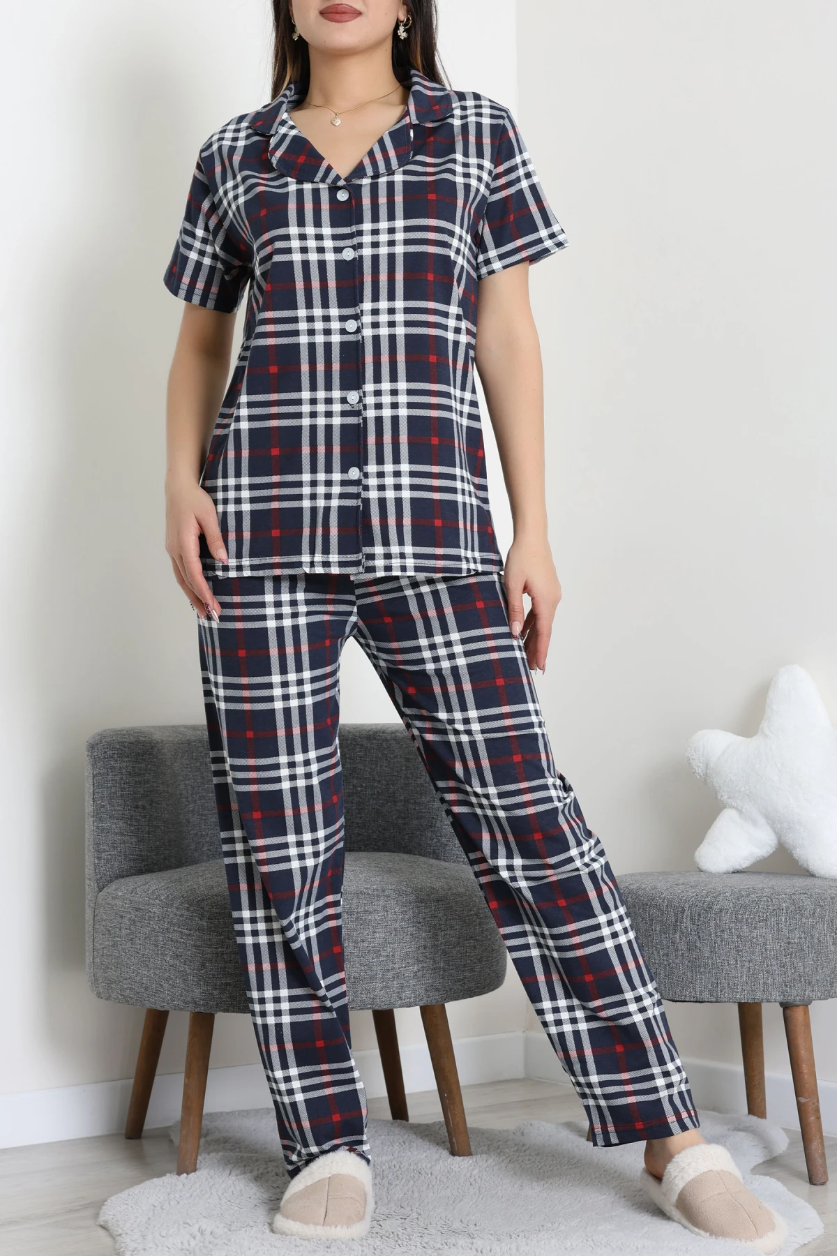 Baskılı Düğmeli Pijama Takım Lacikırmızı - 50776.1773.