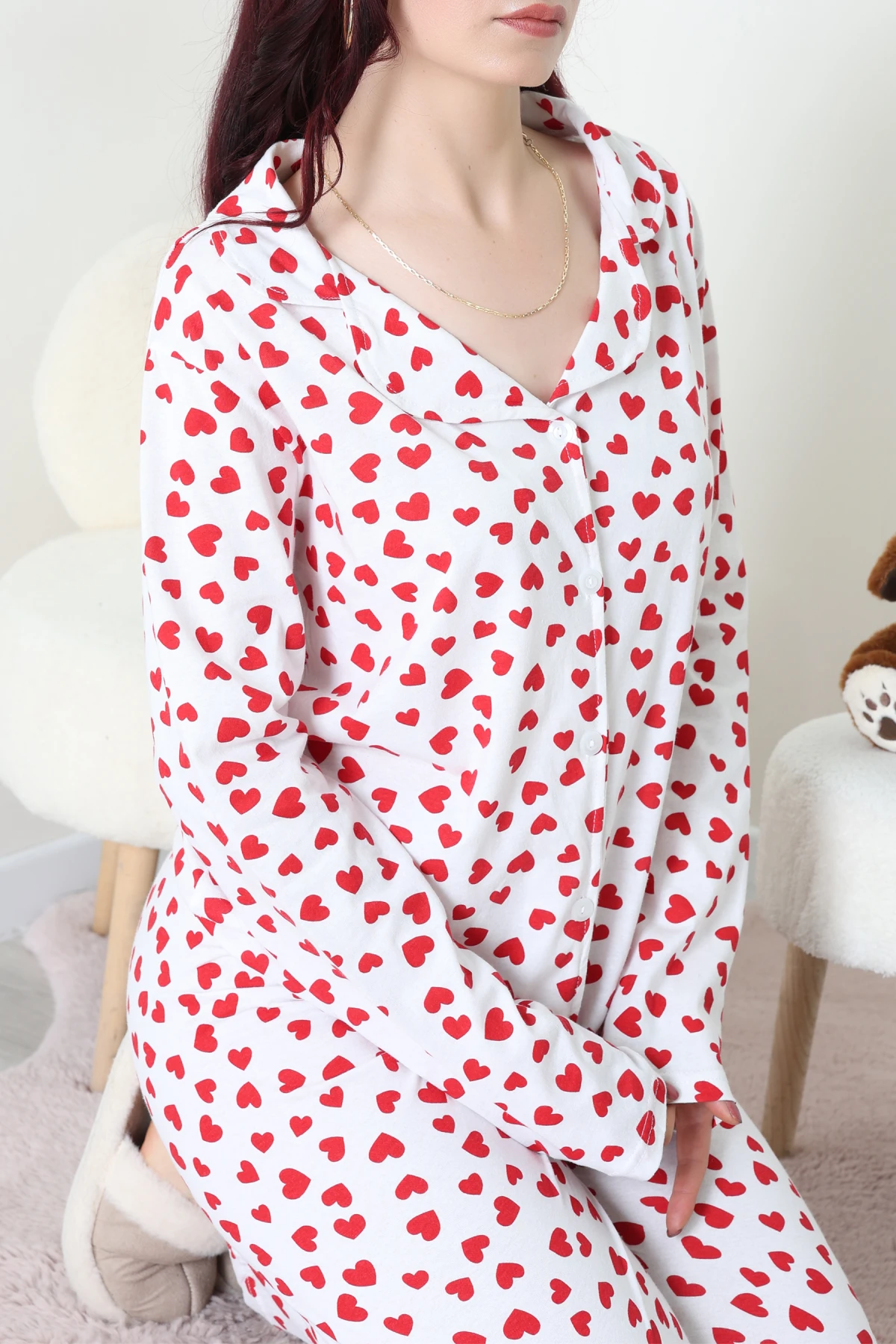 Baskılı Düğmeli Pijama Takım Beyazkalp - 50776.1773.