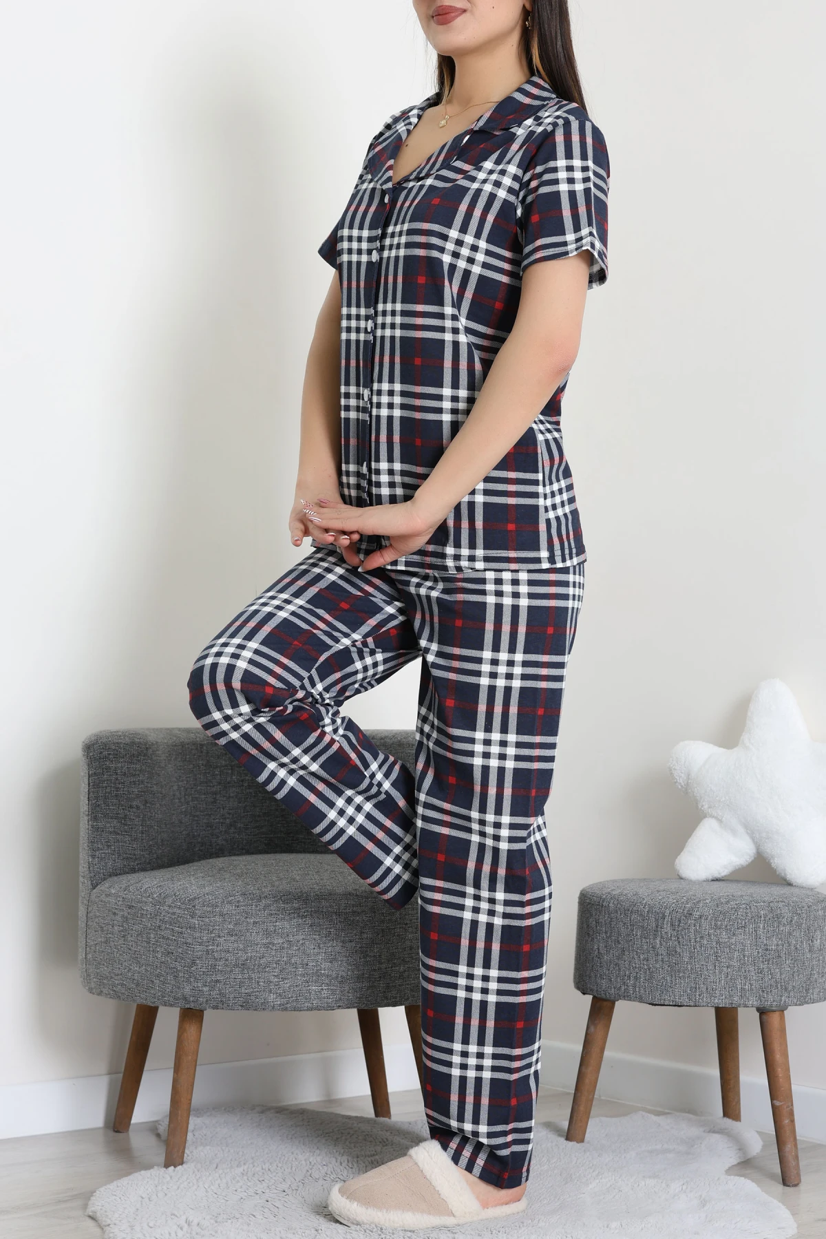 Baskılı Düğmeli Pijama Takım Lacikırmızı - 50776.1773.