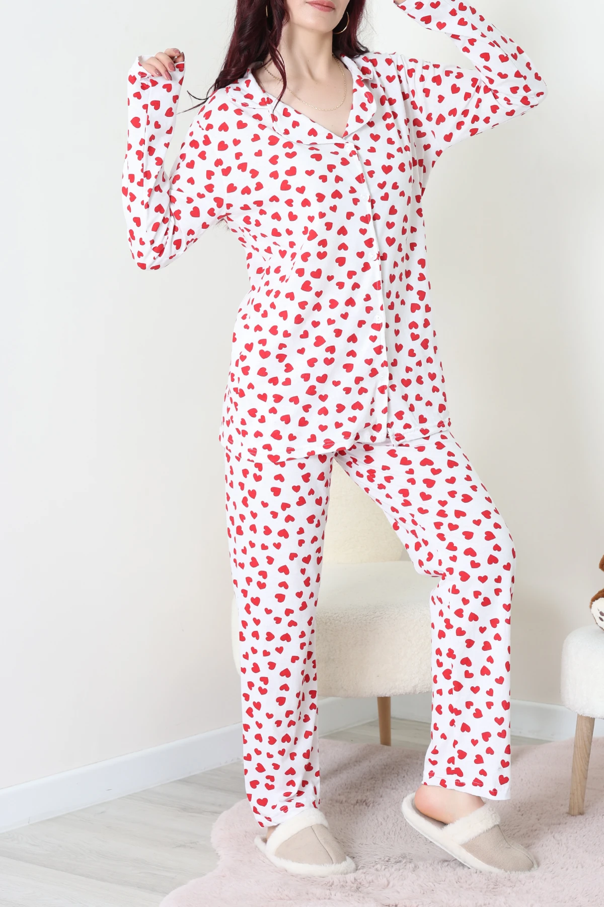 Baskılı Düğmeli Pijama Takım Beyazkalp - 50776.1773.