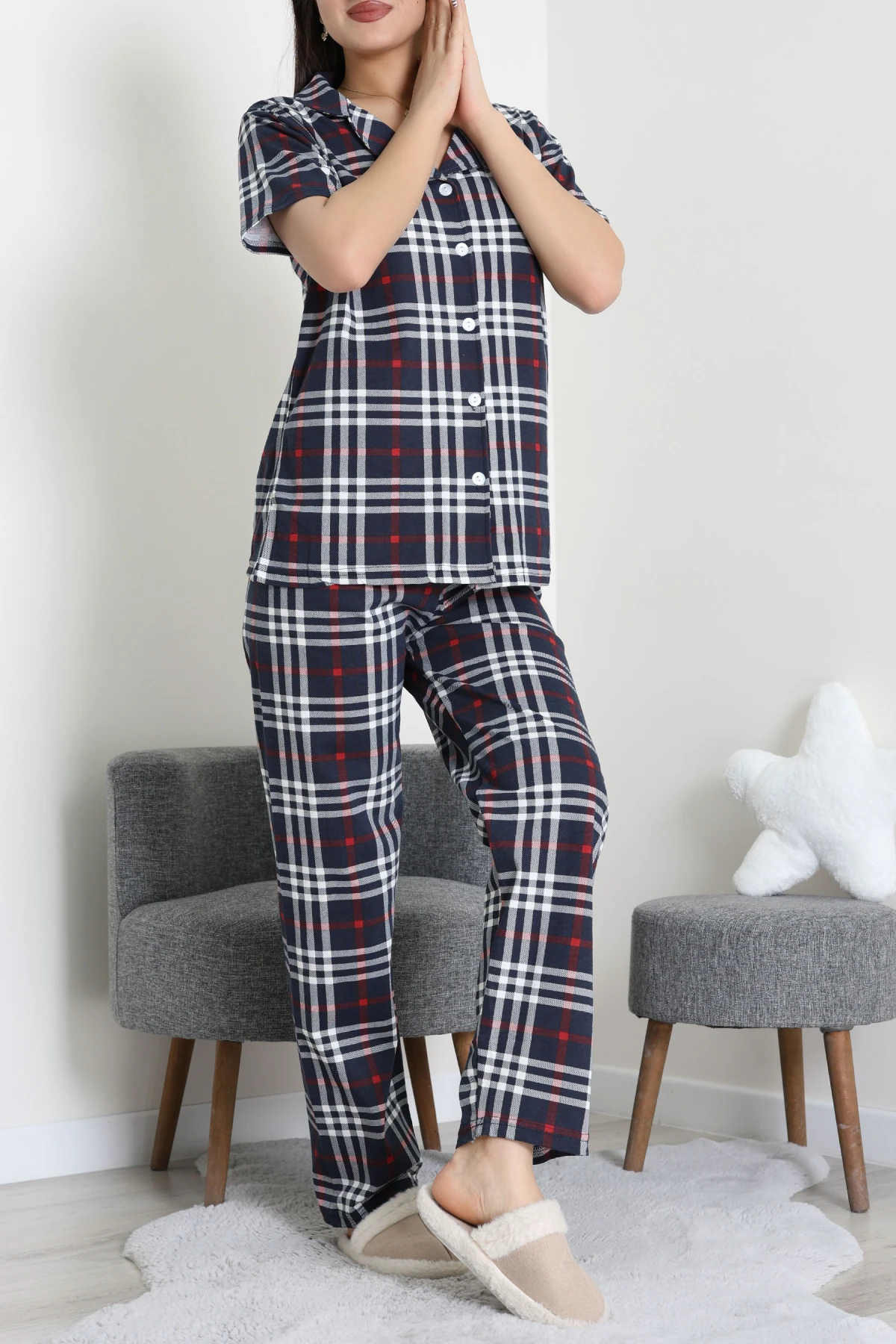 Baskılı Düğmeli Pijama Takım Lacikırmızı - 50776.1773.