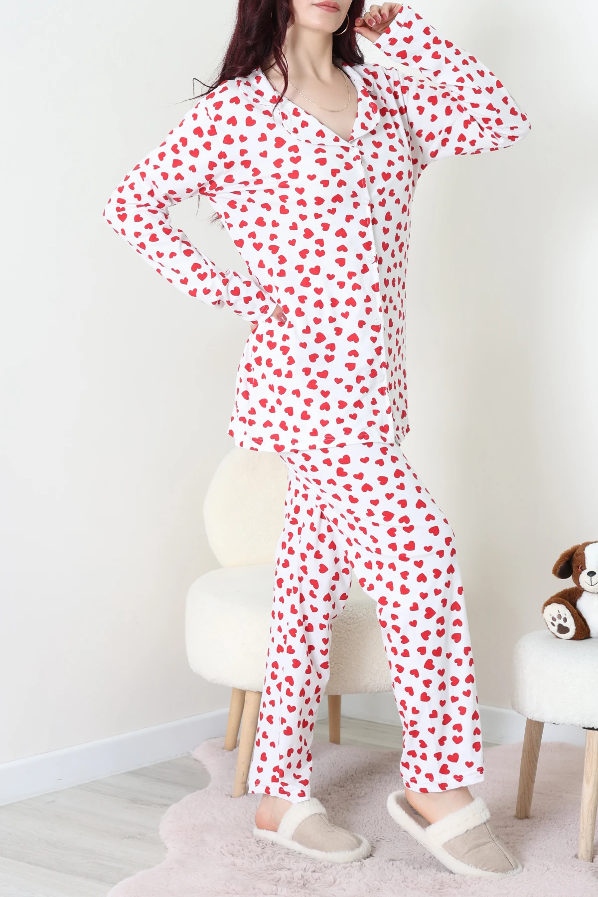 Baskılı Düğmeli Pijama Takım Beyazkalp - 50776.1773.