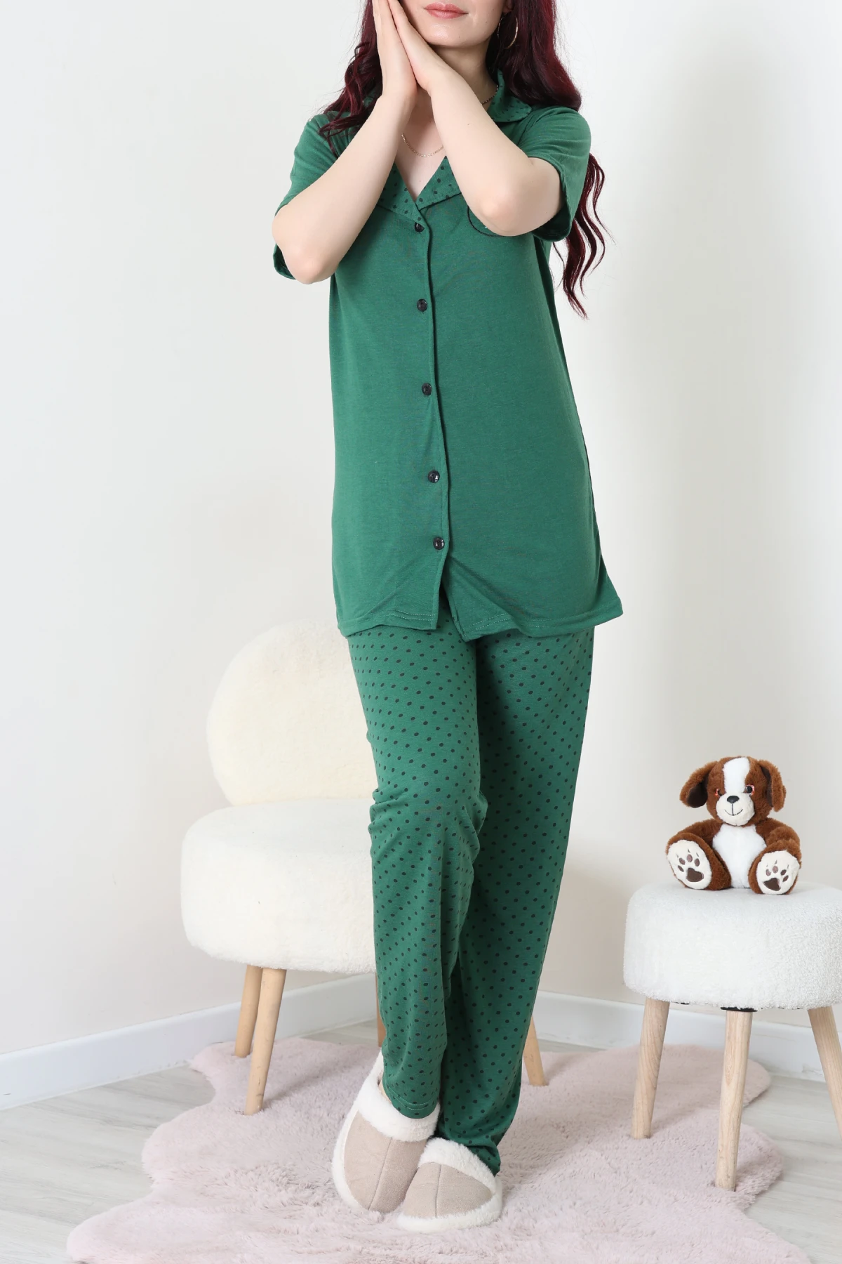 Baskılı Düğmeli Pijama Takım Zümrüt - 50776.1773.