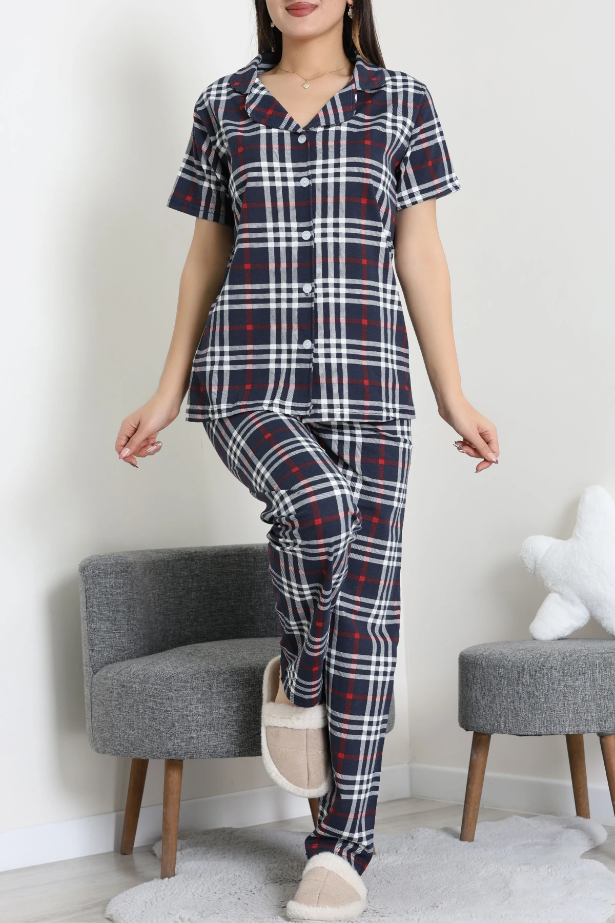 Baskılı Düğmeli Pijama Takım Lacikırmızı - 50776.1773.