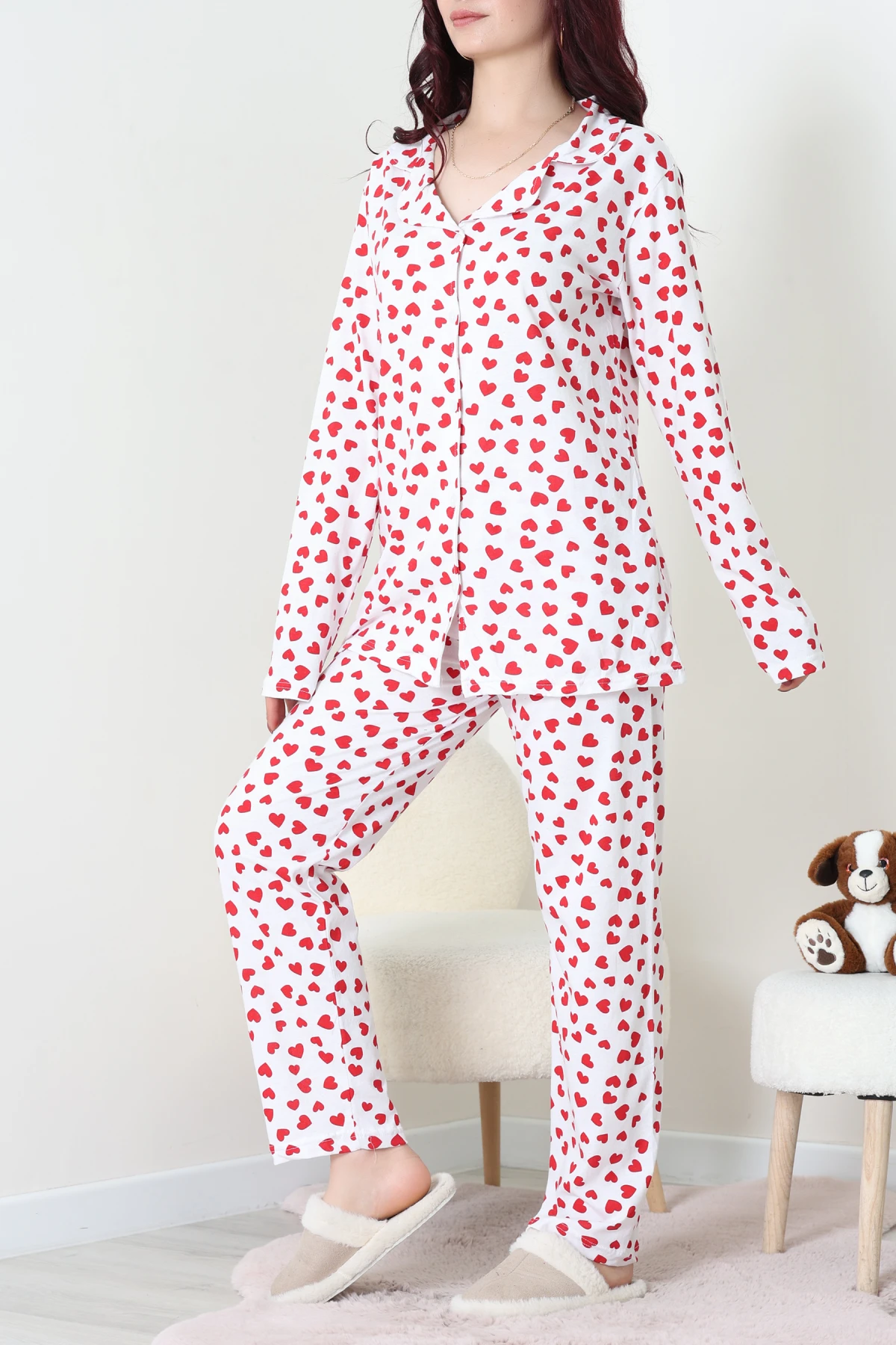 Baskılı Düğmeli Pijama Takım Beyazkalp - 50776.1773.